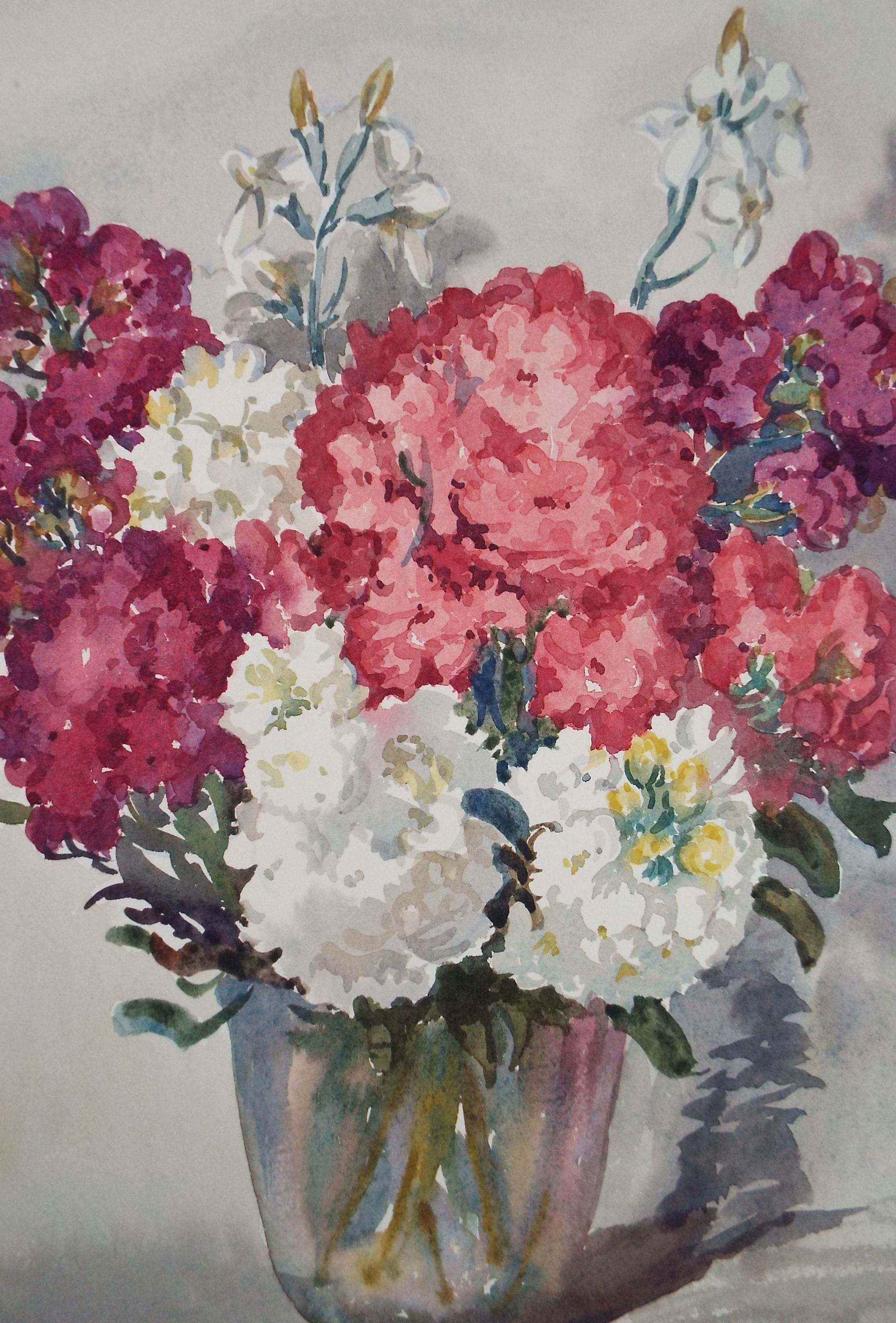 Original Watercolour Painting: Vase of Flowers by Gwen Rayner, c1970s