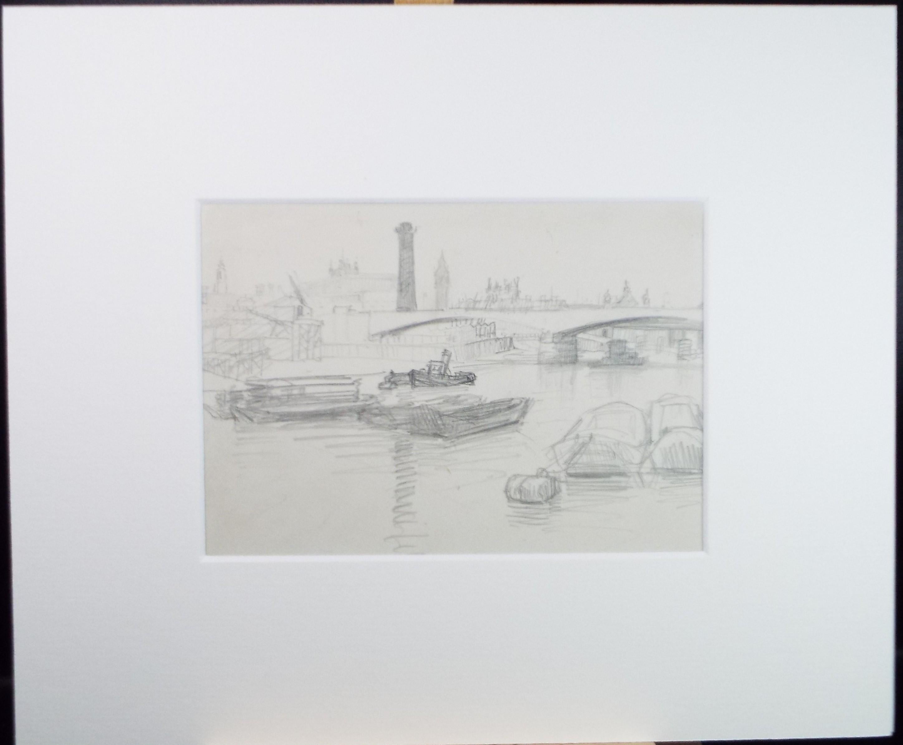 Original Pencil Sketch,'The Thames at London', unknown artist, circa 1970's