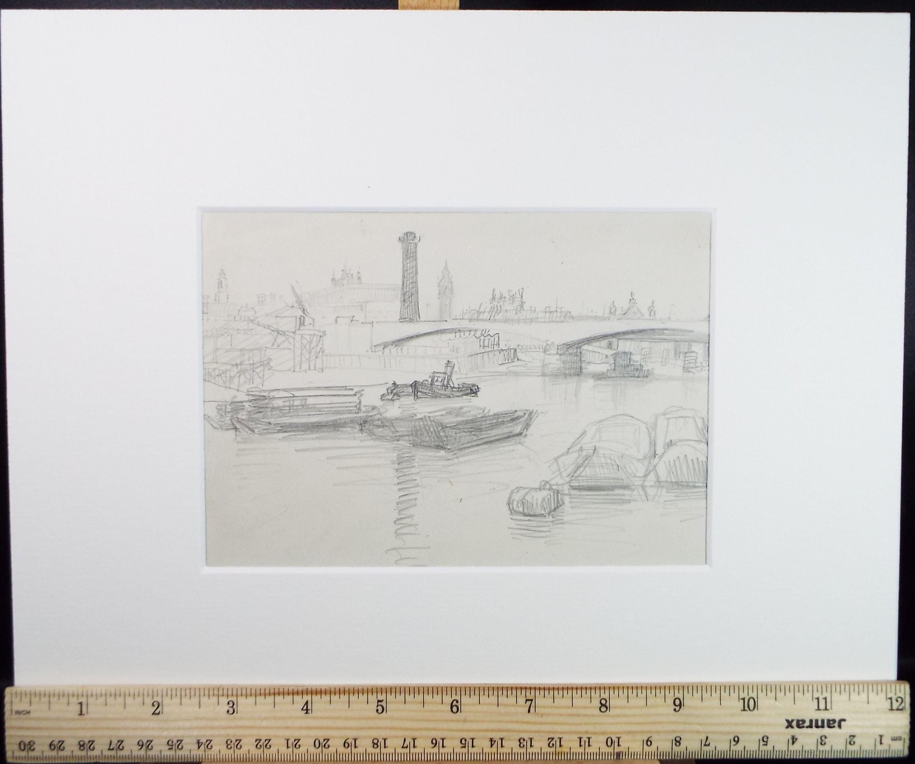 Original Pencil Sketch,'The Thames at London', unknown artist, circa 1970's