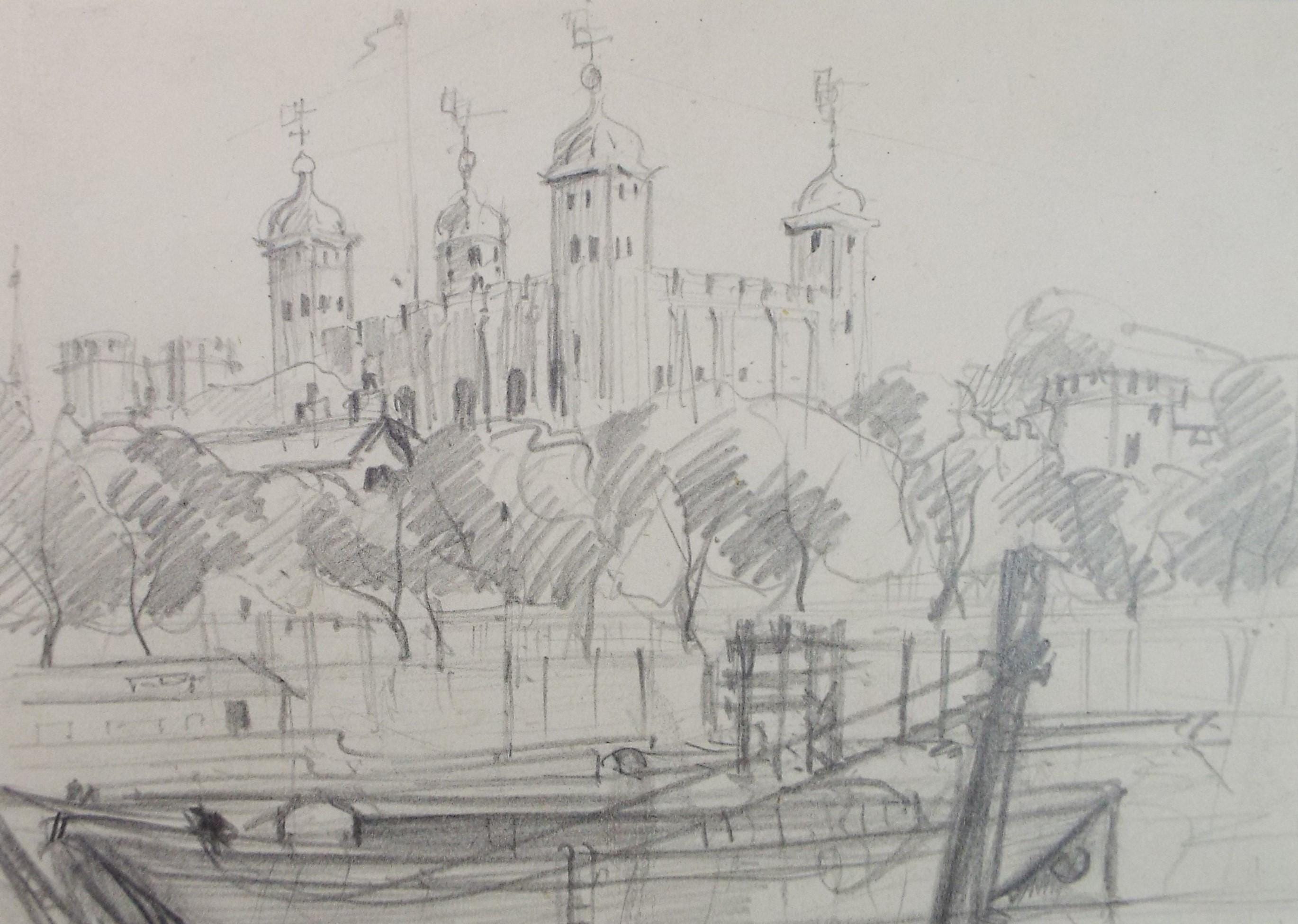 Original Pencil Sketch,'The Tower of London', unknown artist, circa 1970's
