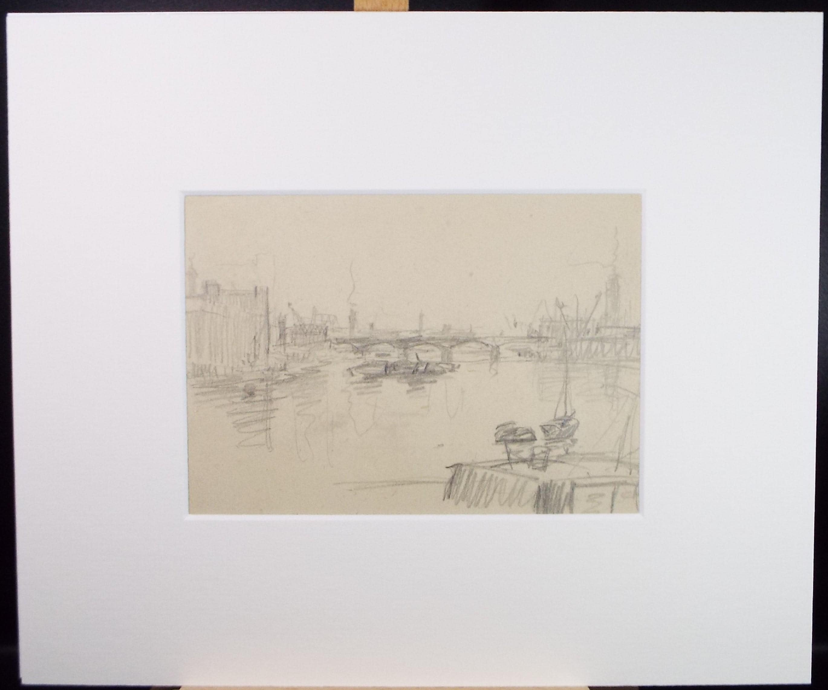 Original Pencil Sketch,'The Thames at London', unknown artist, circa 1970's