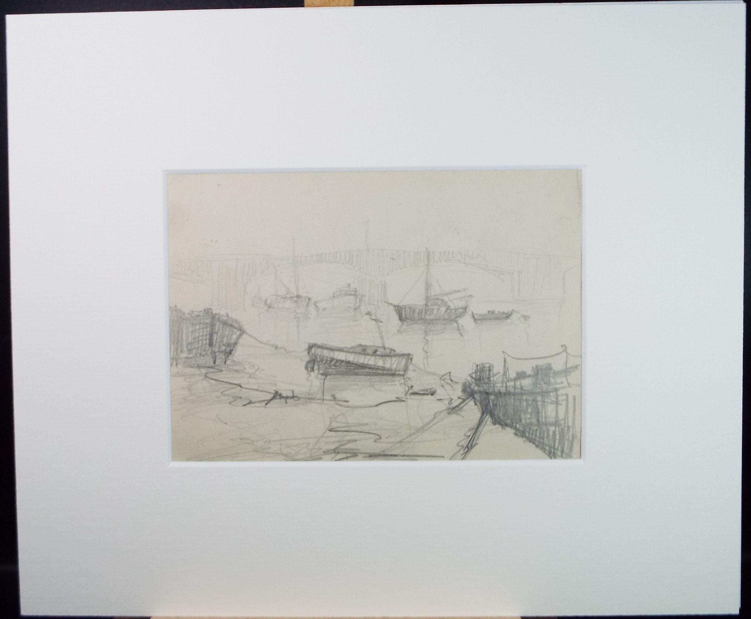 Original Pencil Sketch,'The Thames at London', unknown artist, circa 1970's