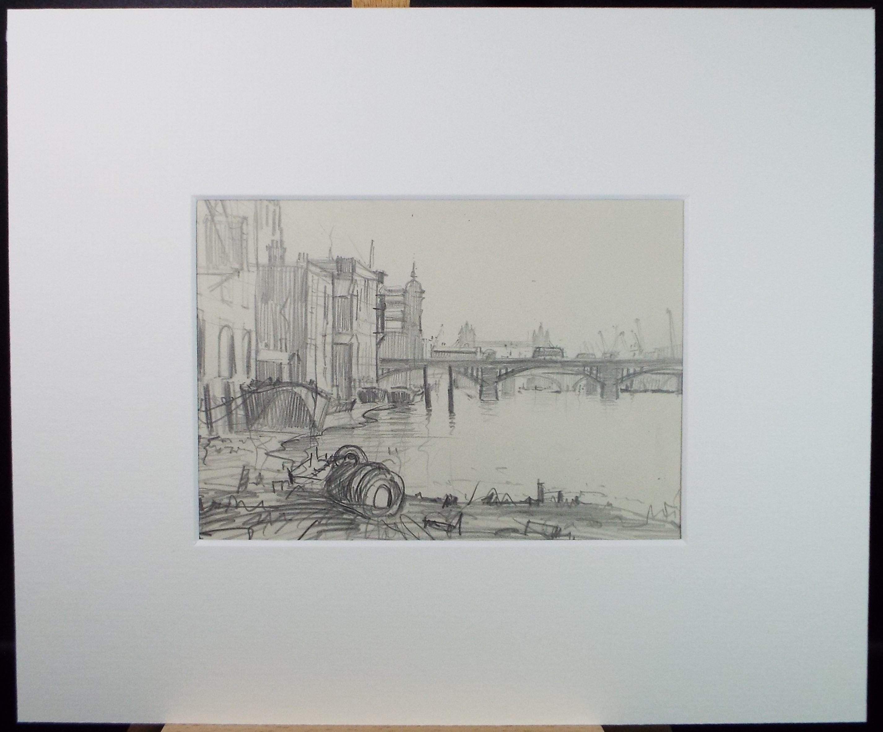 Original Pencil Sketch,'The Thames at London', unknown artist, circa 1970's