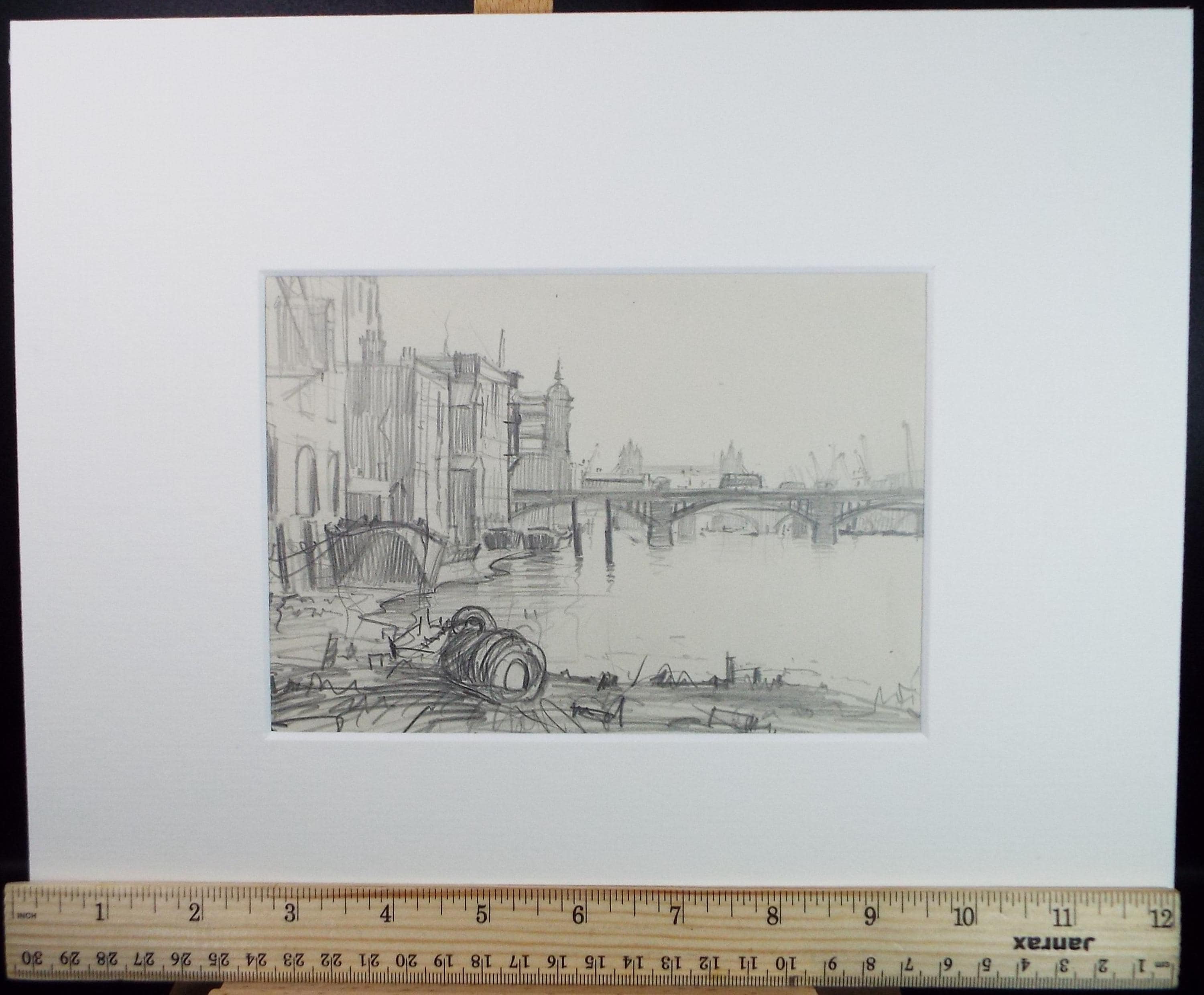 Original Pencil Sketch,'The Thames at London', unknown artist, circa 1970's