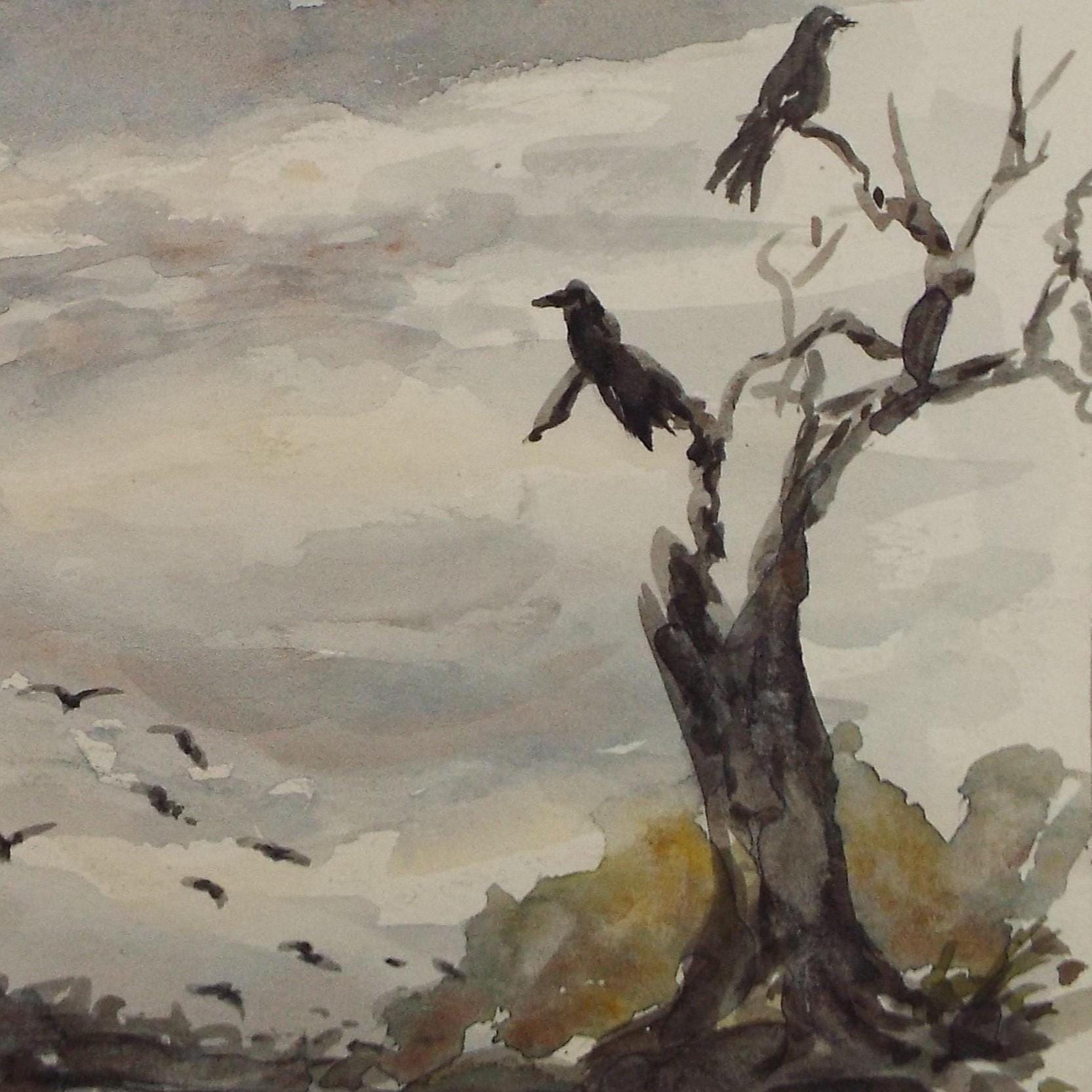 Original Watercolour Sketch, 'Ravens at the Tower', unknown artist, circa 1970's