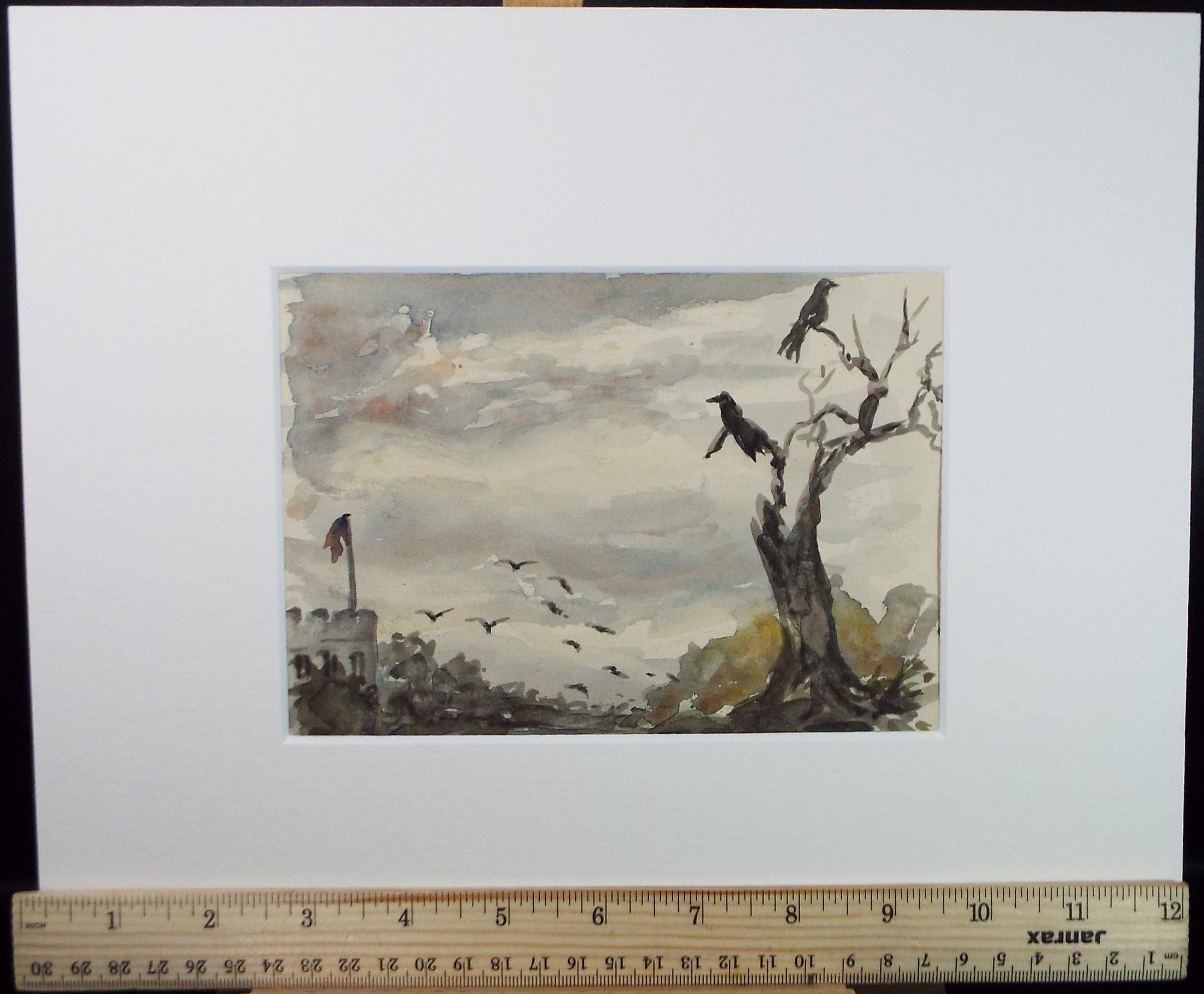 Original Watercolour Sketch, 'Ravens at the Tower', unknown artist, circa 1970's