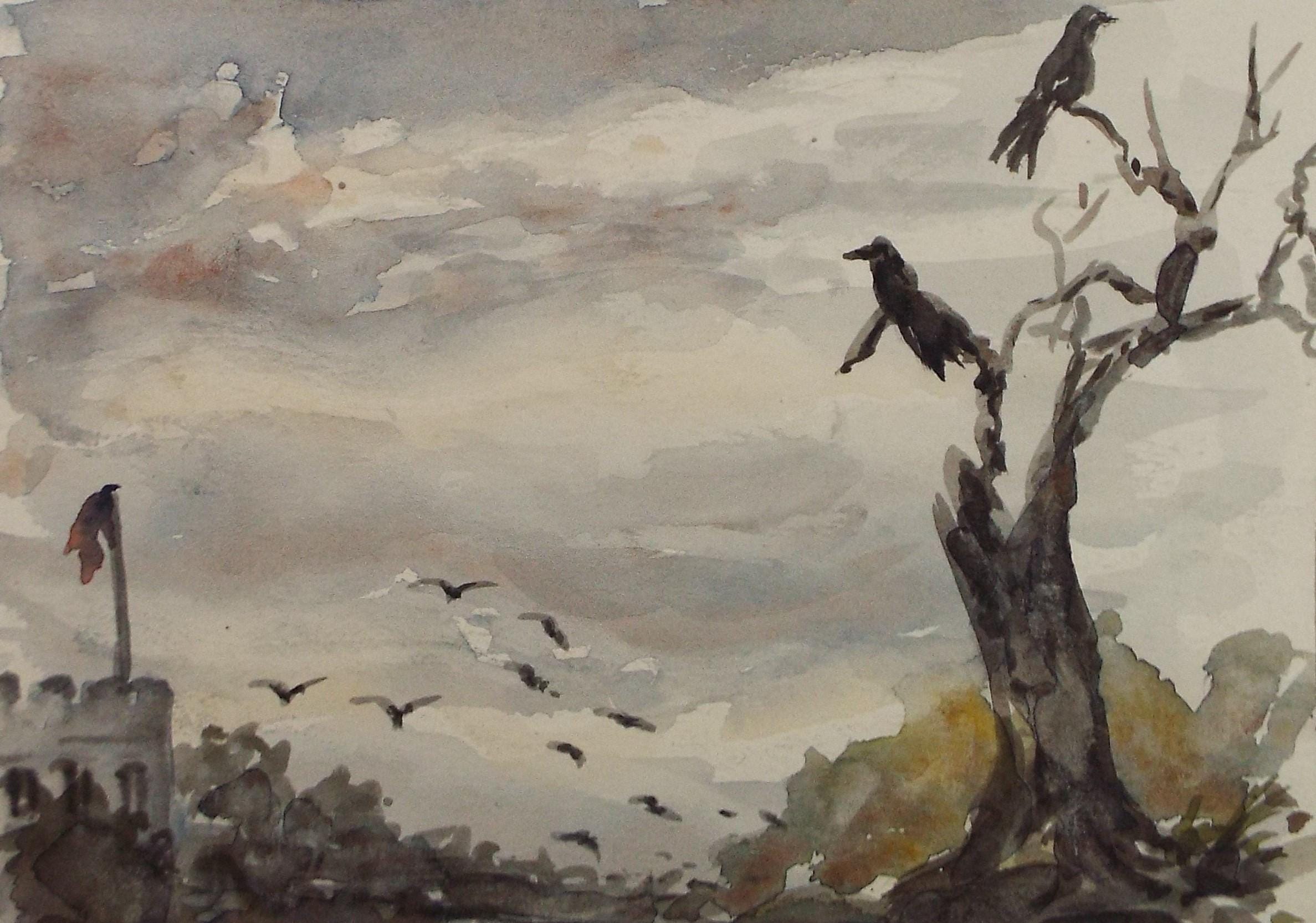 Original Watercolour Sketch, 'Ravens at the Tower', unknown artist, circa 1970's