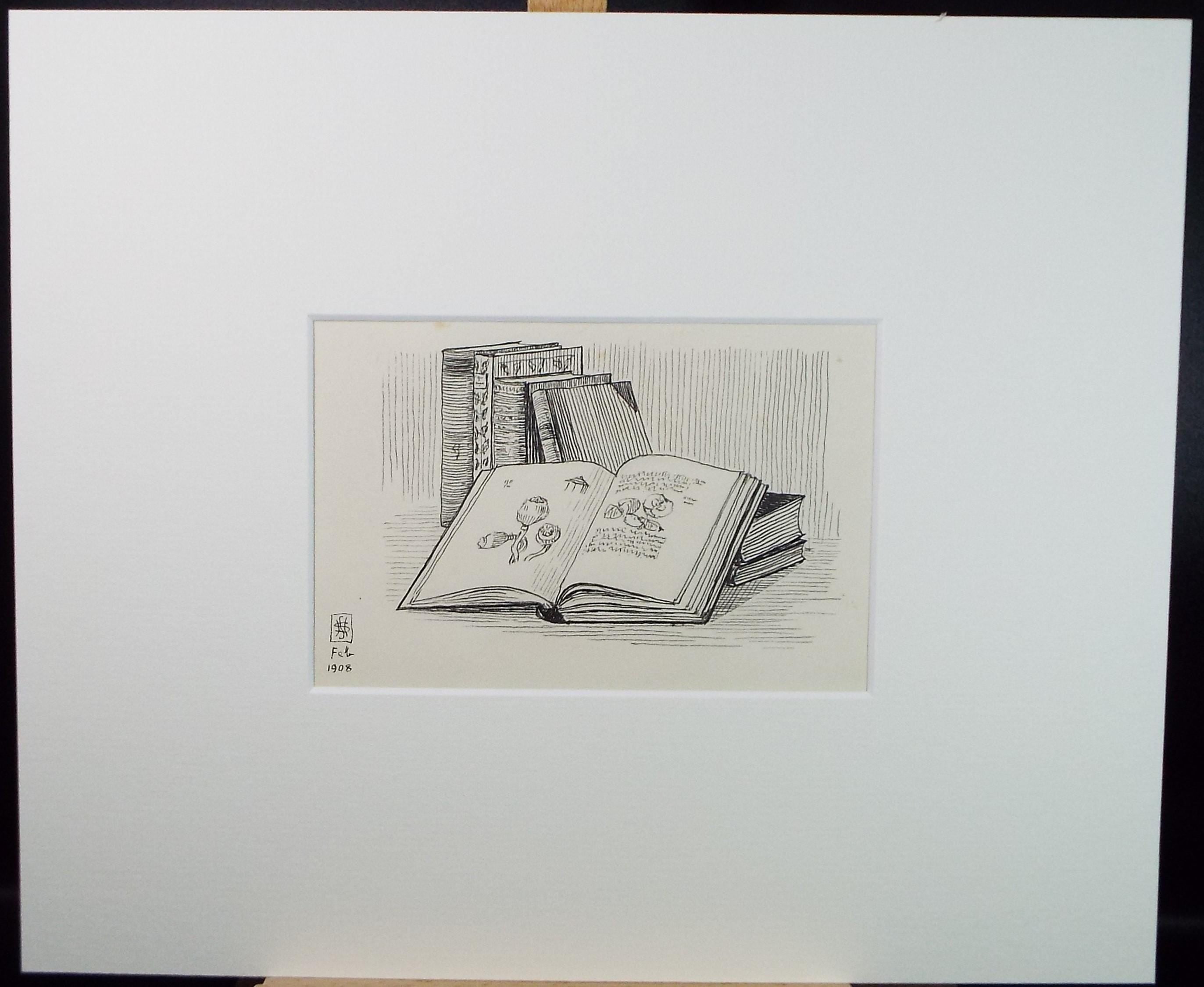 Original Pen & ink Sketch, 'Study of Books', S A Southern, Dated 1908