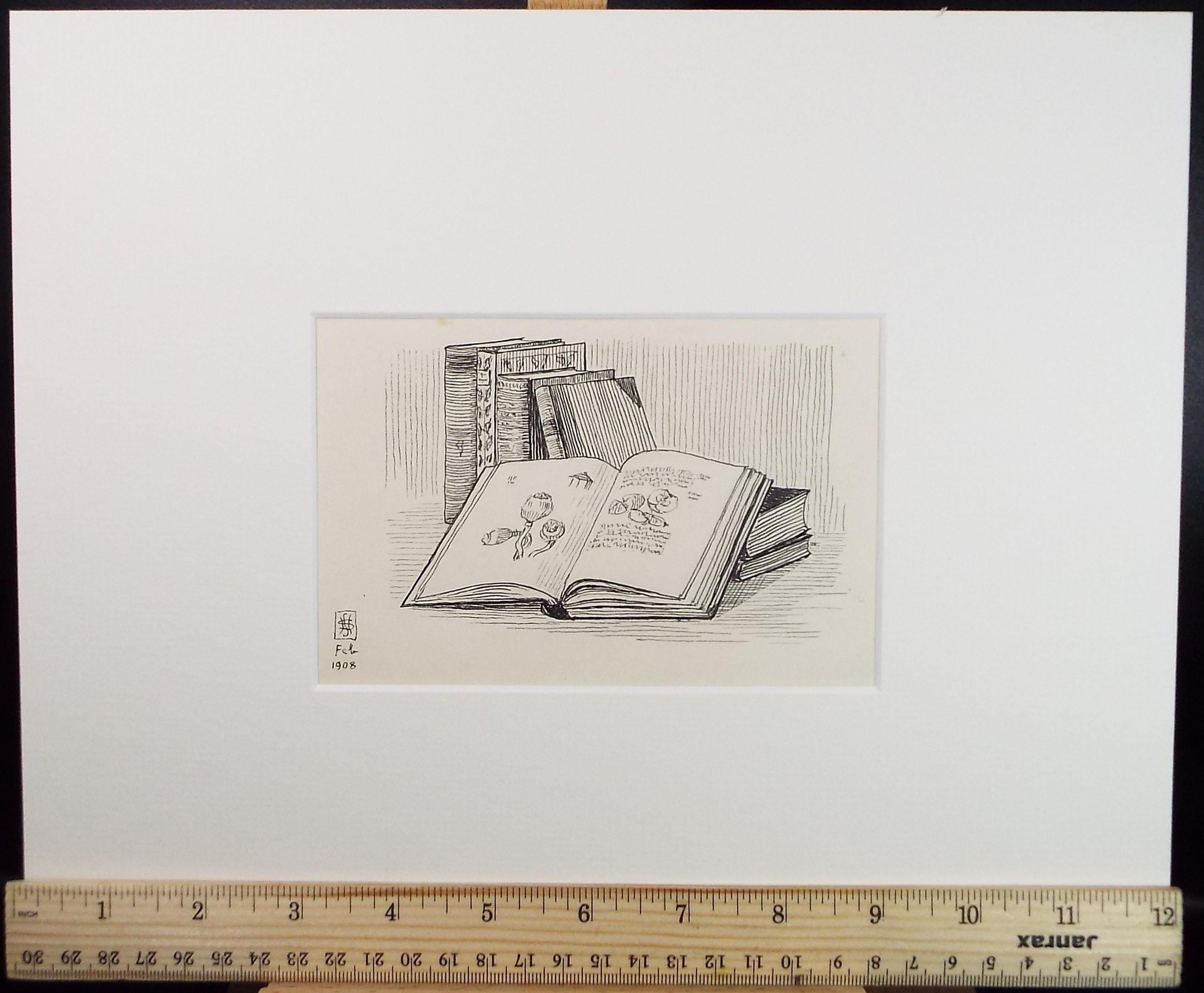 Original Pen & ink Sketch, 'Study of Books', S A Southern, Dated 1908