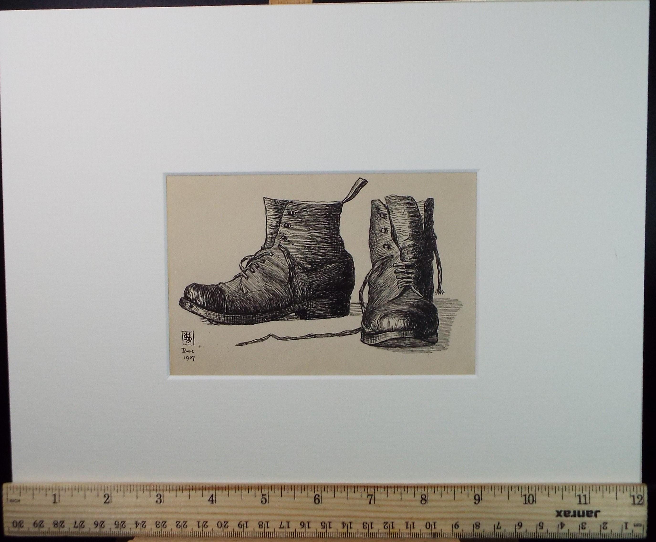 Original Pen & ink Sketch, 'Study of Boots', S A Southern, Dated 1907