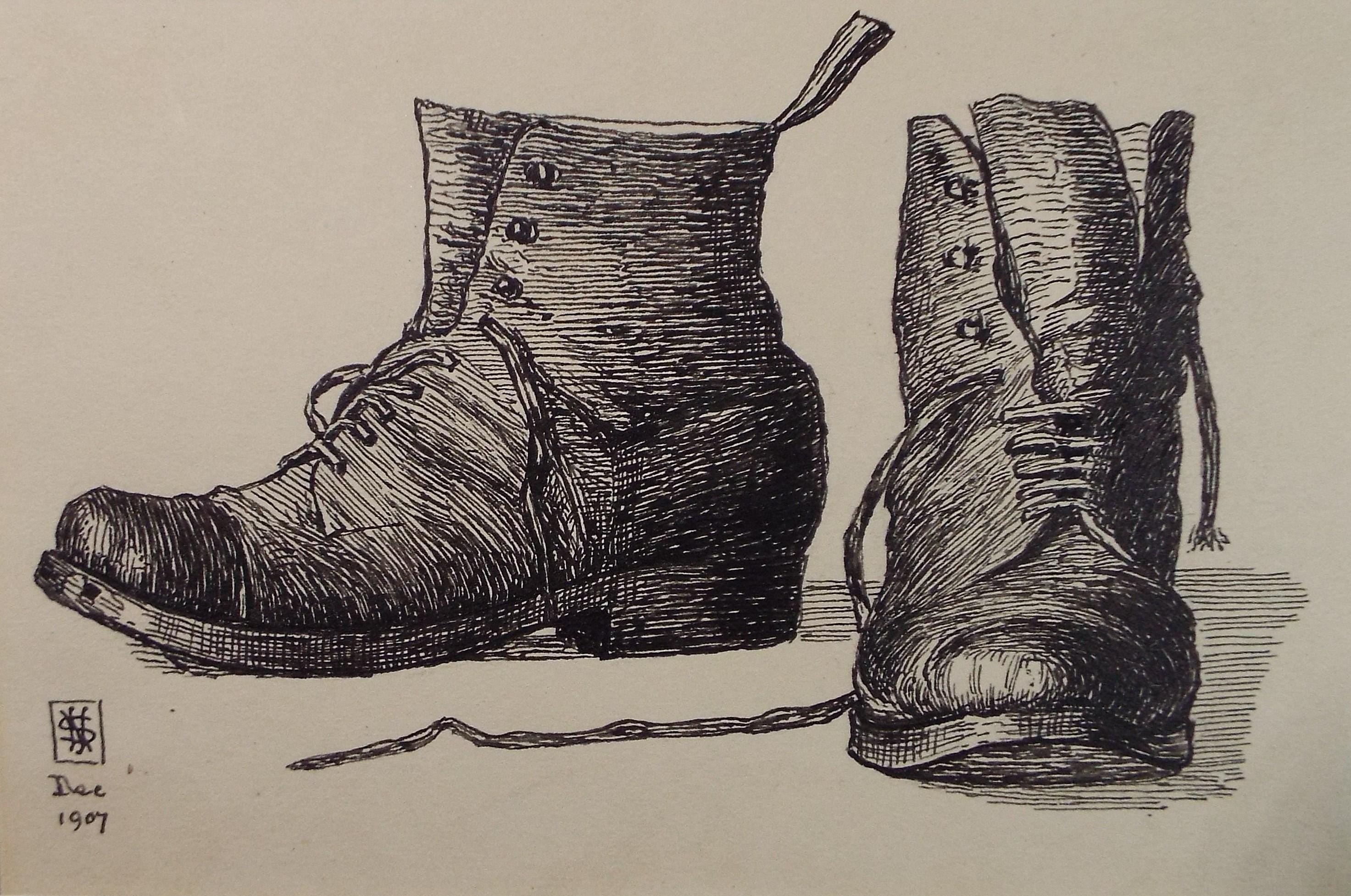 Original Pen & ink Sketch, 'Study of Boots', S A Southern, Dated 1907