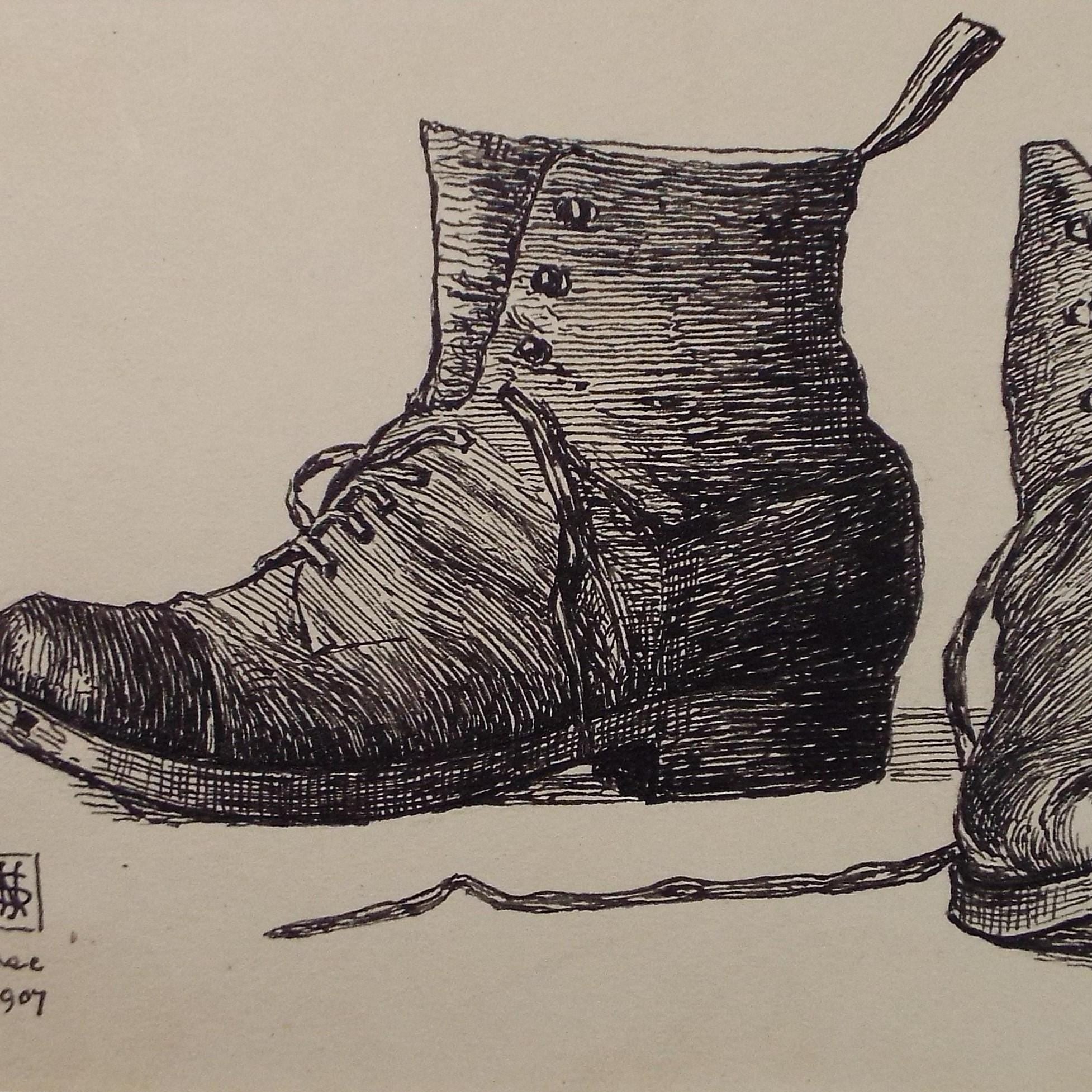 Original Pen & ink Sketch, 'Study of Boots', S A Southern, Dated 1907