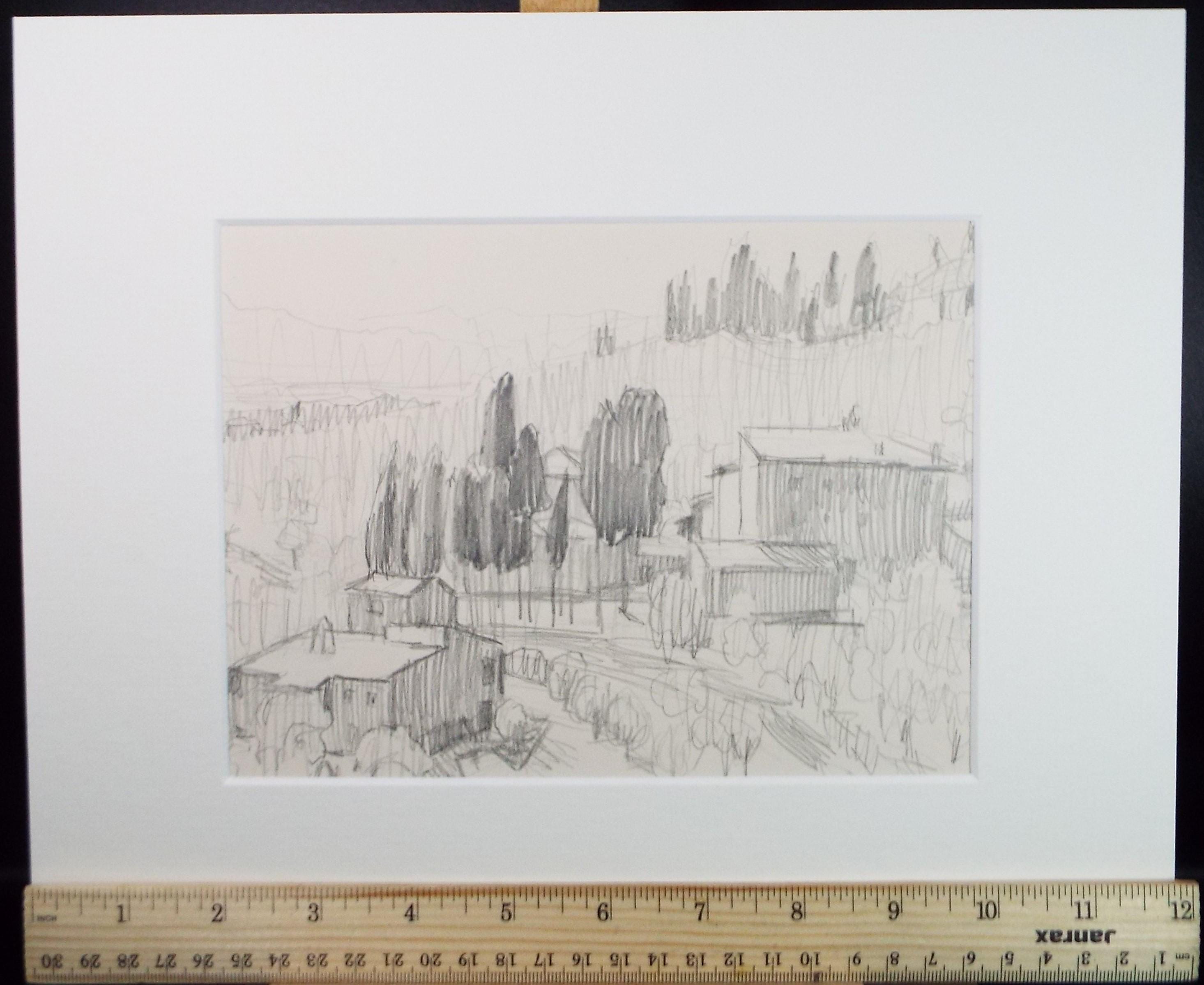 Pencil drawing 'Tuscan Landscape', Pauline Plummer (b1933), Circa 1970's
