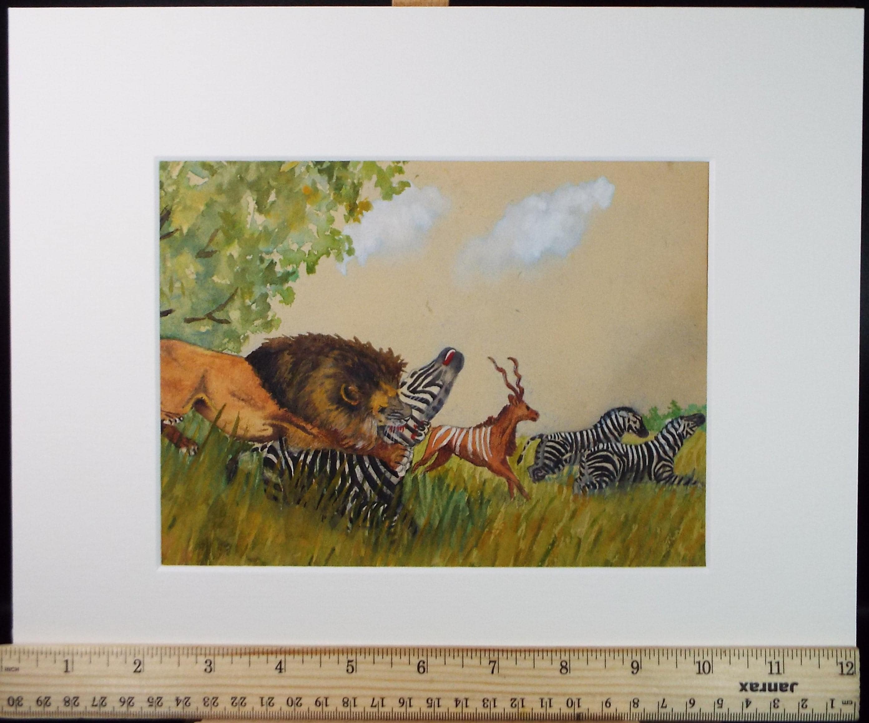 Original Watercolour, 'Hunt on the Savanna', Circa 1920's, Artist Unknown