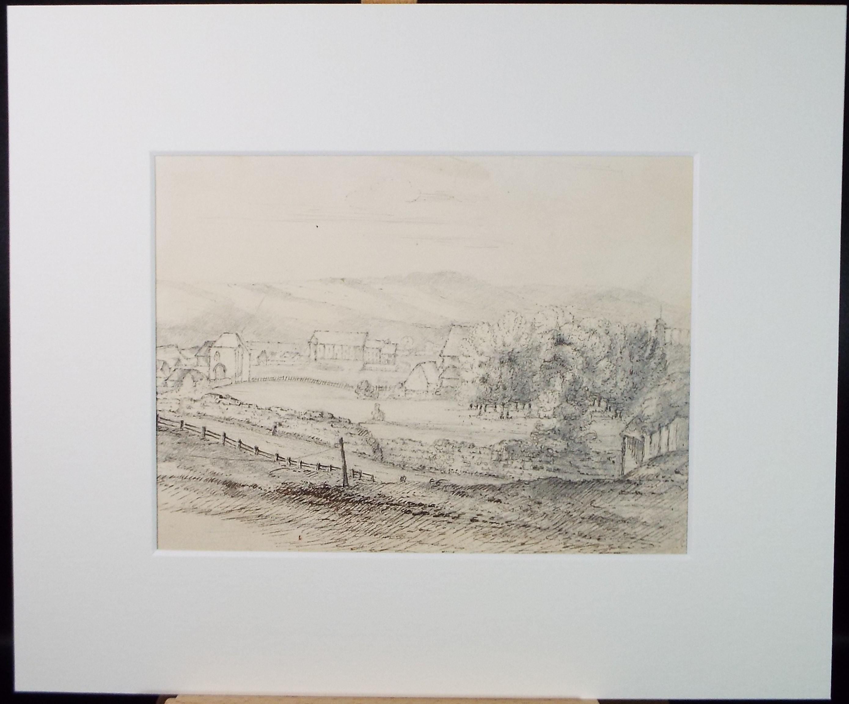 Original Pen & Ink, 'Village below the Hills', Mid 19th Century, Artist Unknown