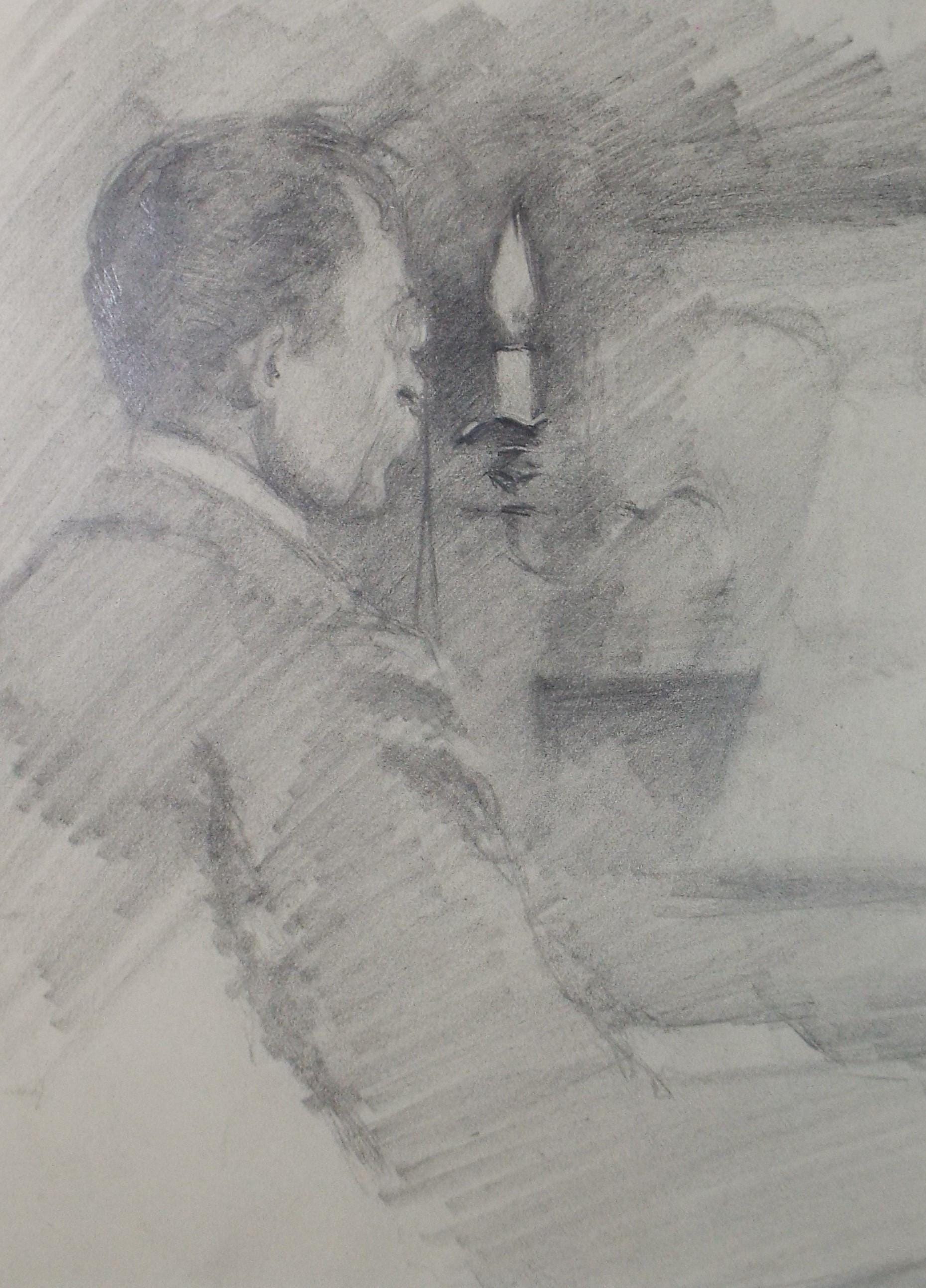 Original Pencil Drawing, 'Figure by Candlelight ', circa 1904