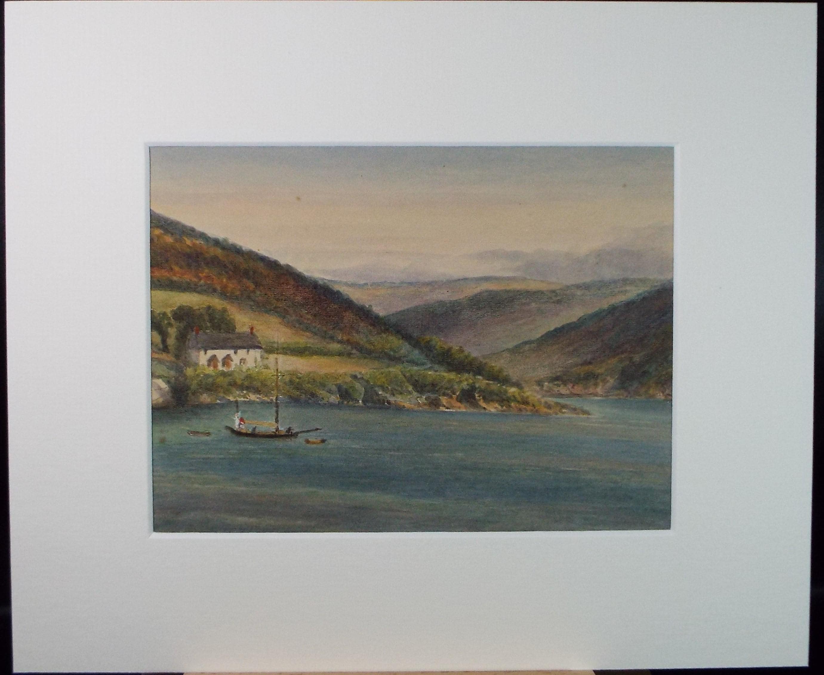 Original Watercolour, 'Coastal cottage with sailboat' Circa 1880's, unsigned