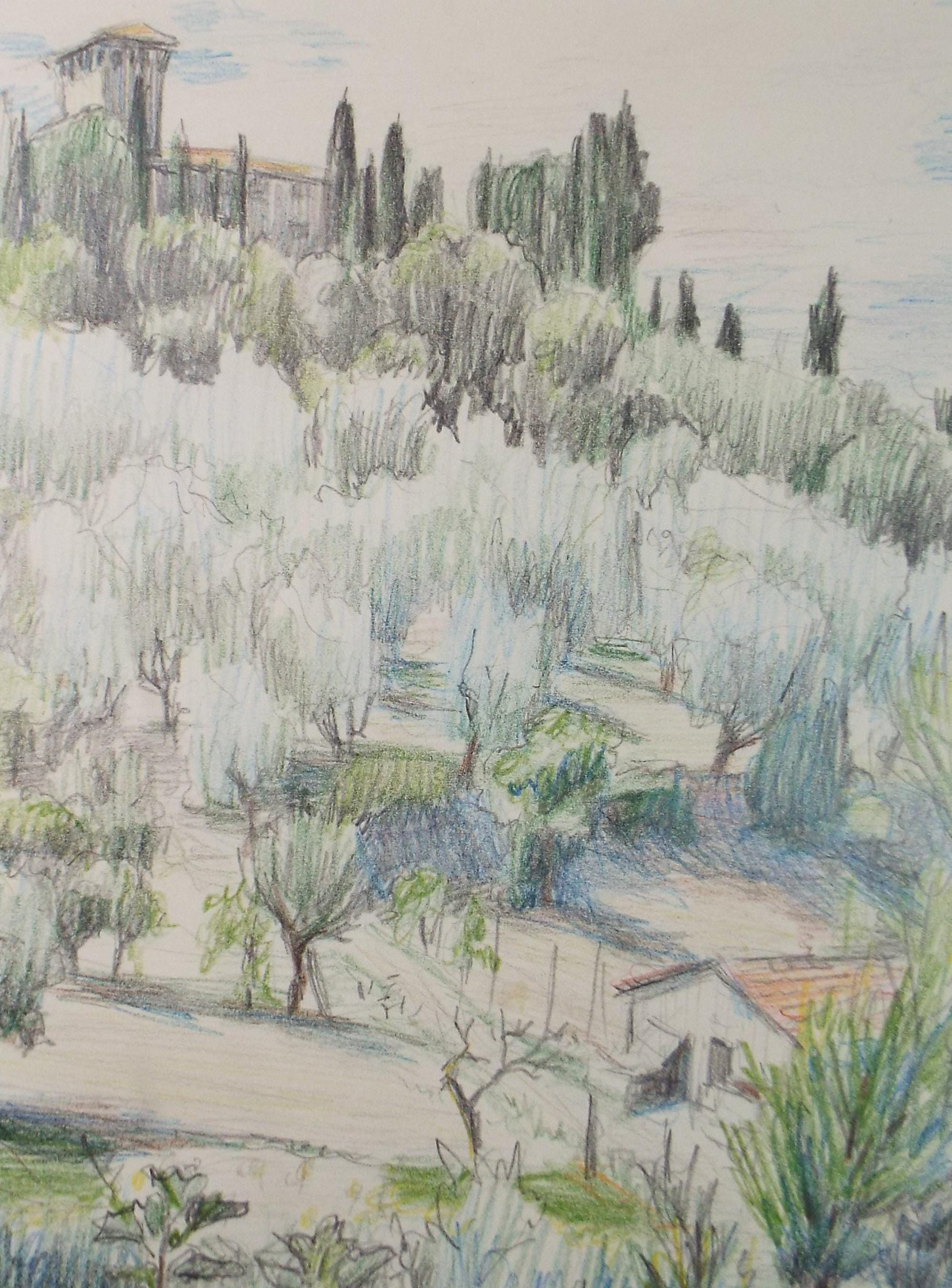 Original Pencil drawing, 'Italian Landscape', Circa 1970s, Pauline Plummer
