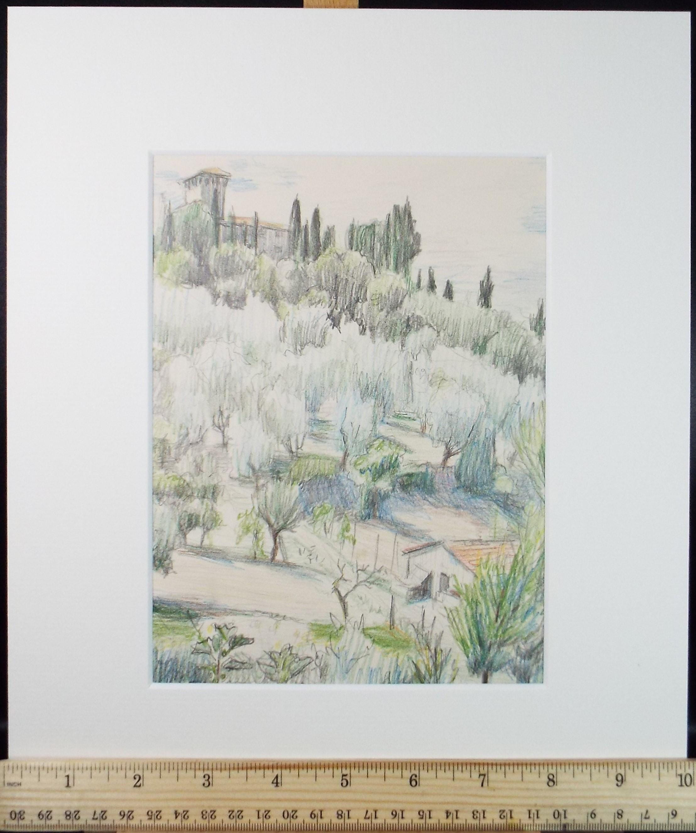 Original Pencil drawing, 'Italian Landscape', Circa 1970s, Pauline Plummer
