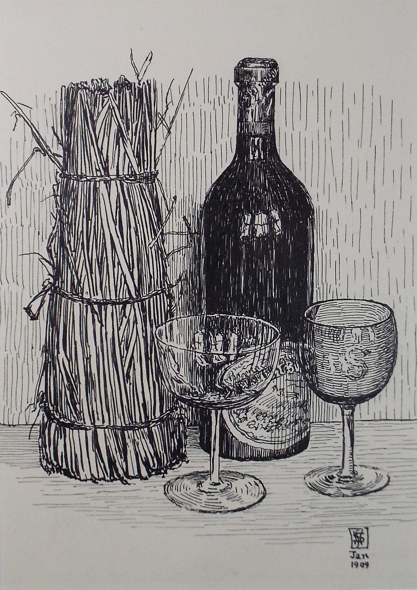 Original Pen and ink Sketch, 'Wine Bottle & Glasses', S A Southern, Dated 1909