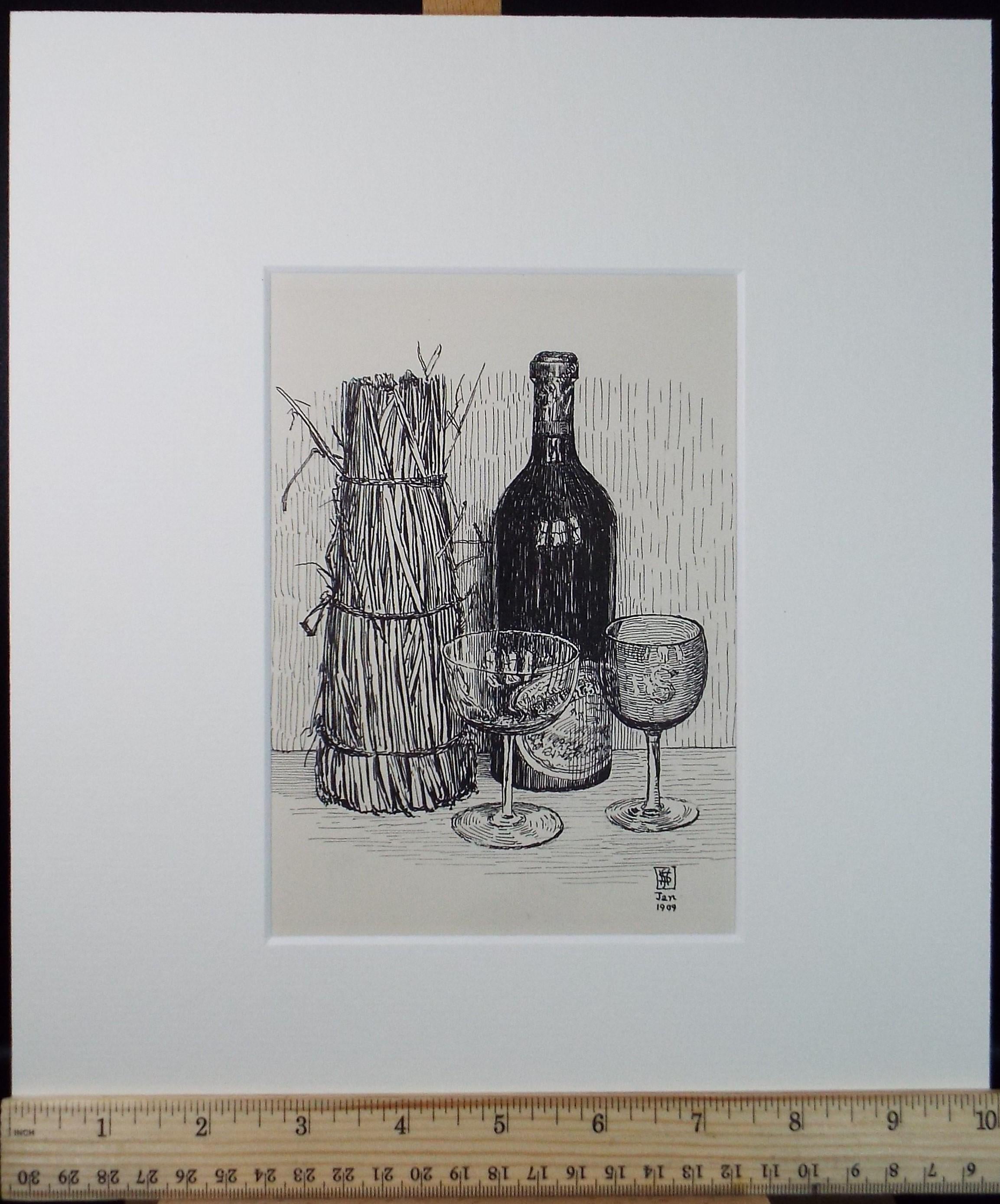 Original Pen and ink Sketch, 'Wine Bottle & Glasses', S A Southern, Dated 1909