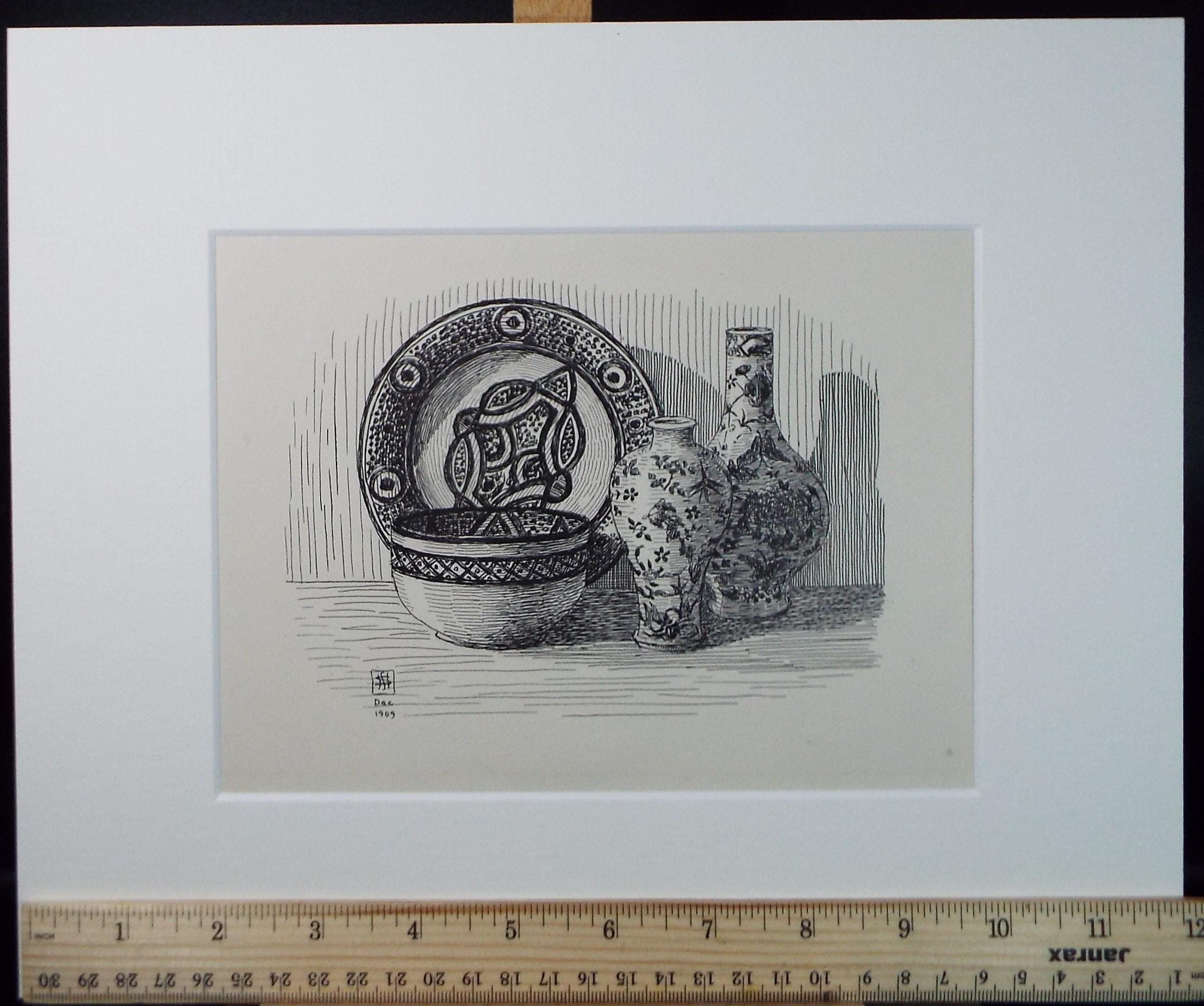 Original Pen and ink Sketch, 'Still Life of ceramics', S A Southern, Dated 1909