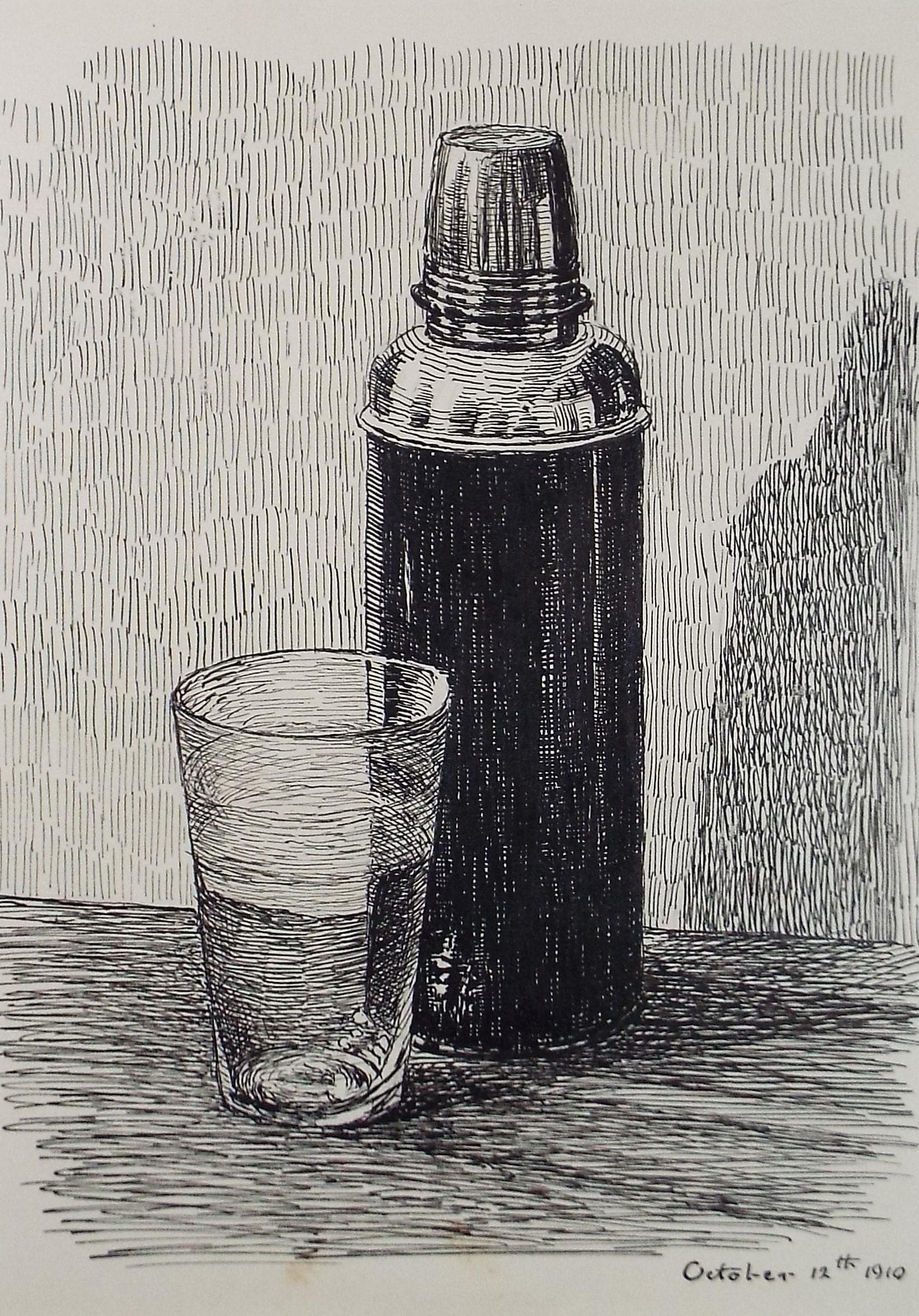 Original Pen and ink Sketch, 'Still Life of flask & glass', S A Southern, Dated 1910