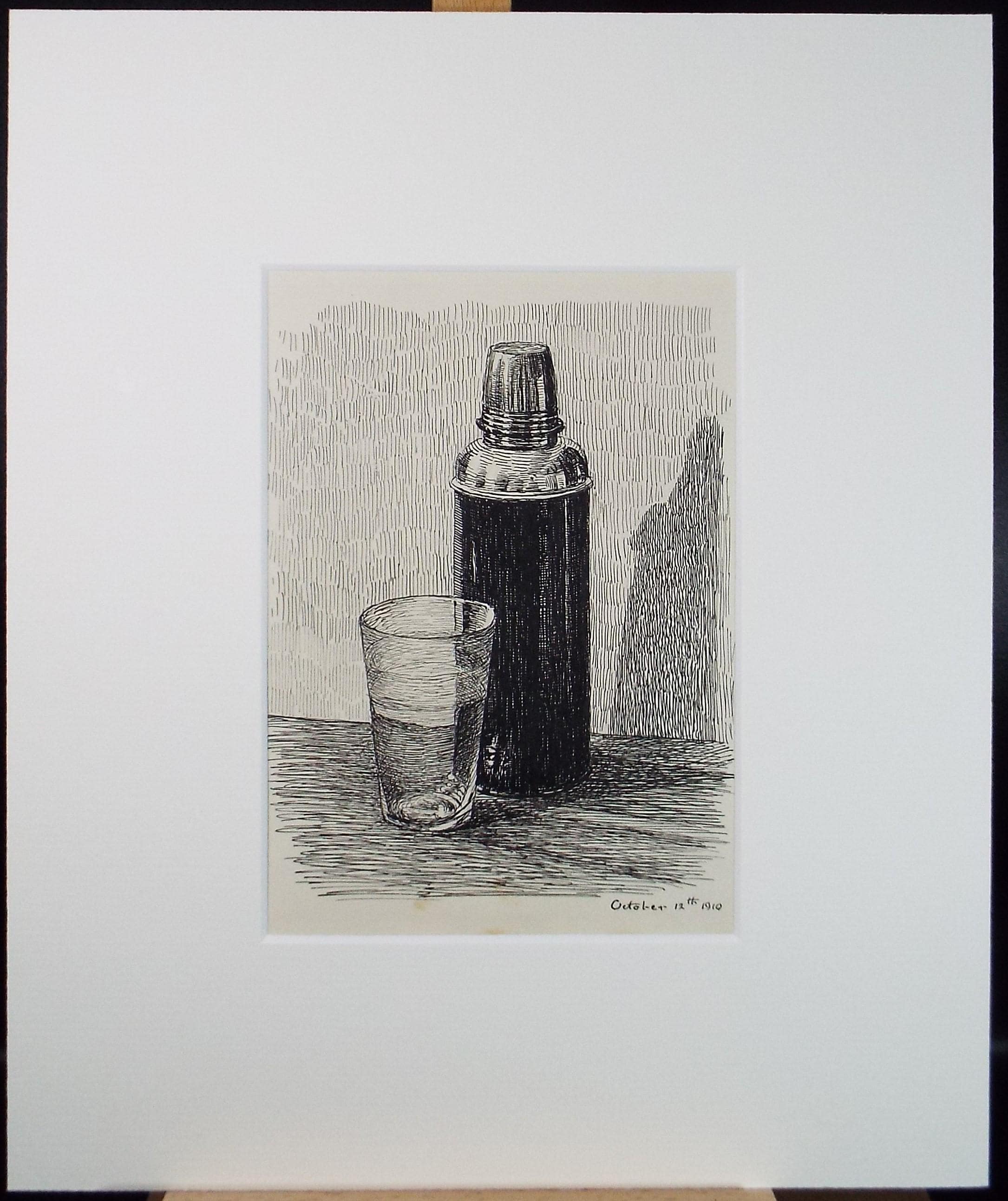 Original Pen and ink Sketch, 'Still Life of flask & glass', S A Southern, Dated 1910
