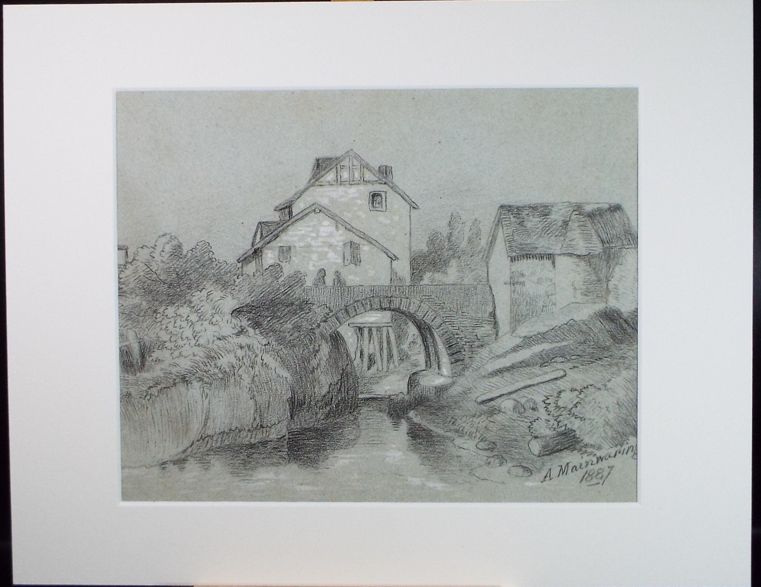 Original Pencil Drawing, 'Warehouse & figures', A Mainwaring, dated 1887