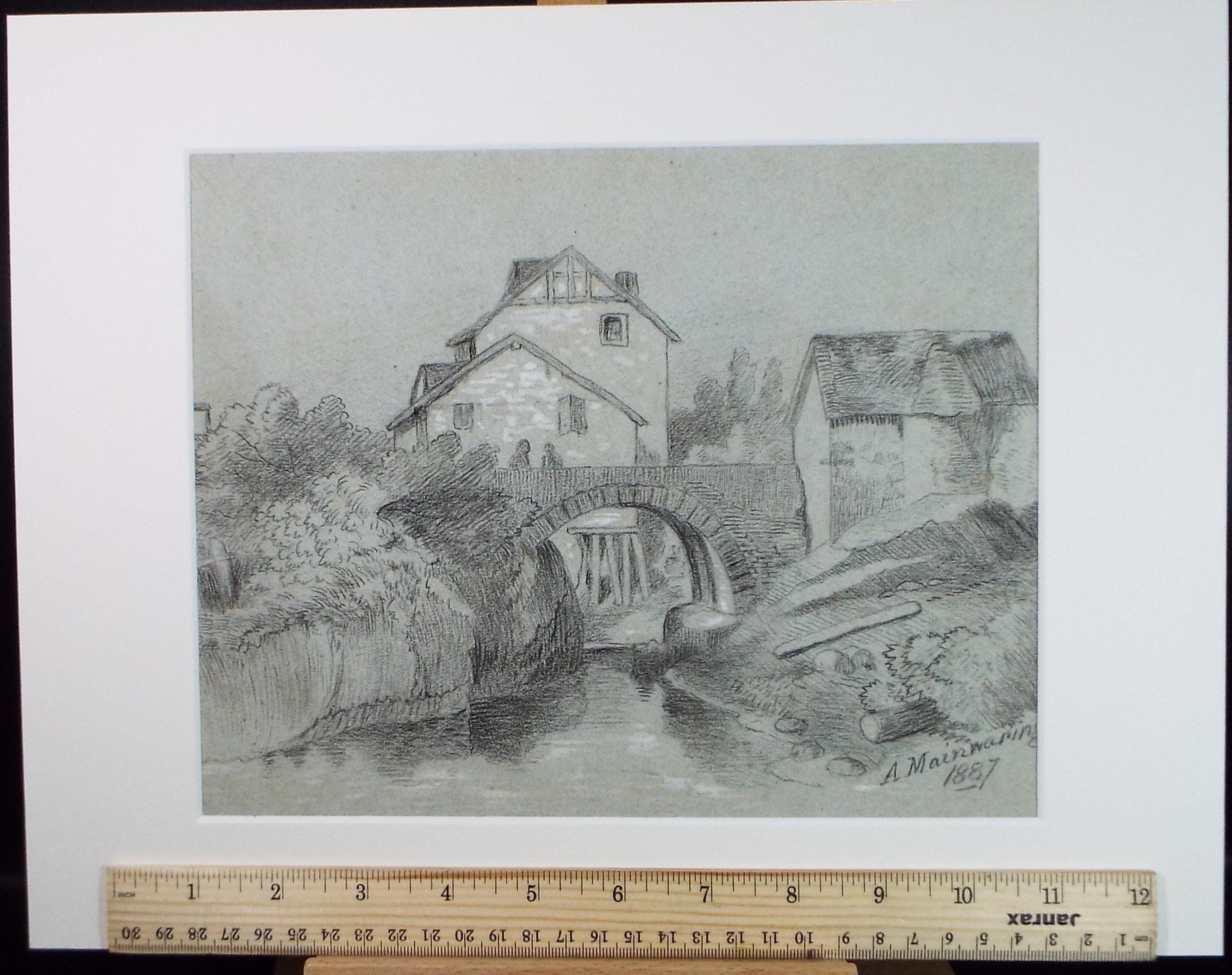 Original Pencil Drawing, 'Warehouse & figures', A Mainwaring, dated 1887