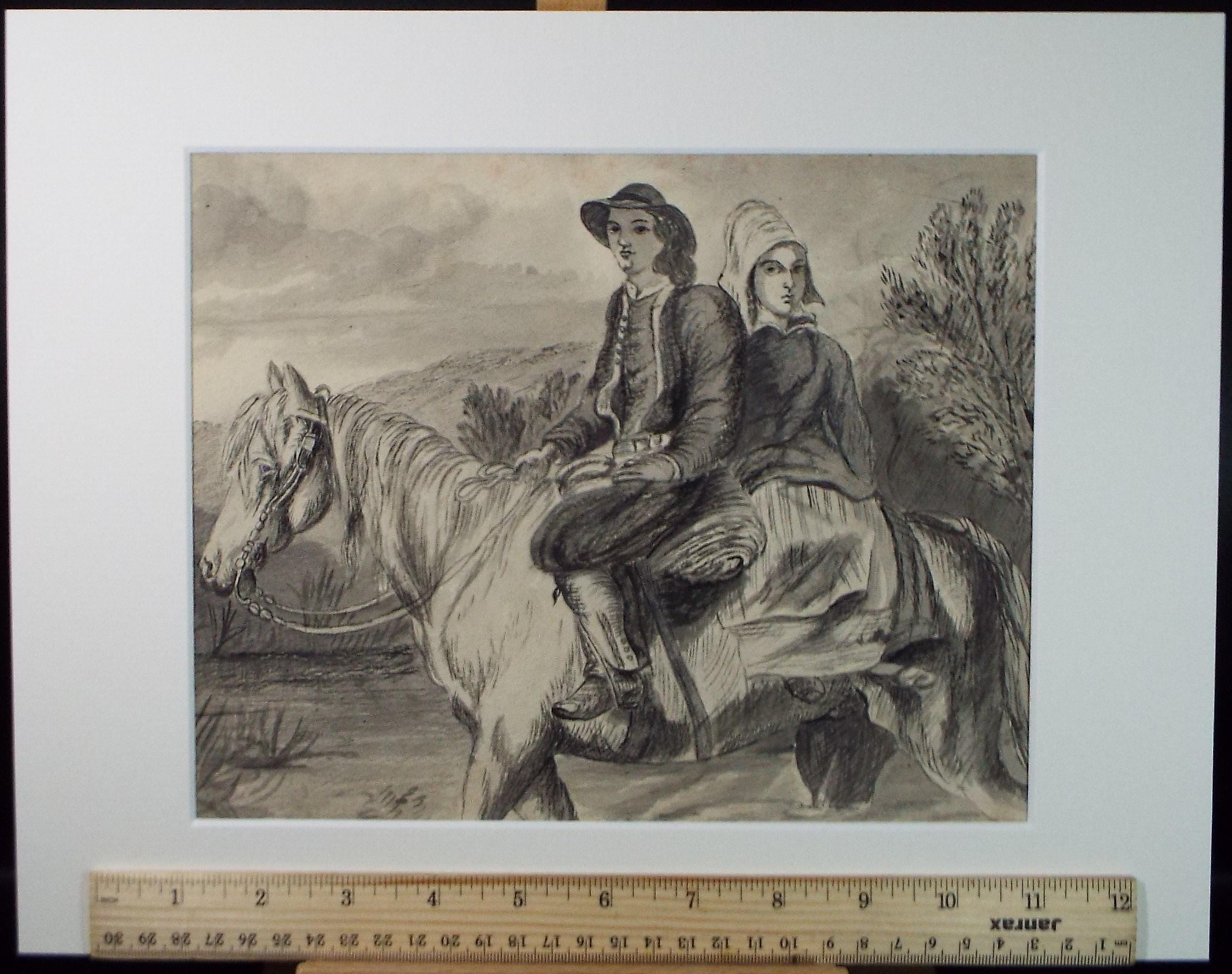 Ink & wash drawing, 'two figures riding', unknown artist, late 19th Century