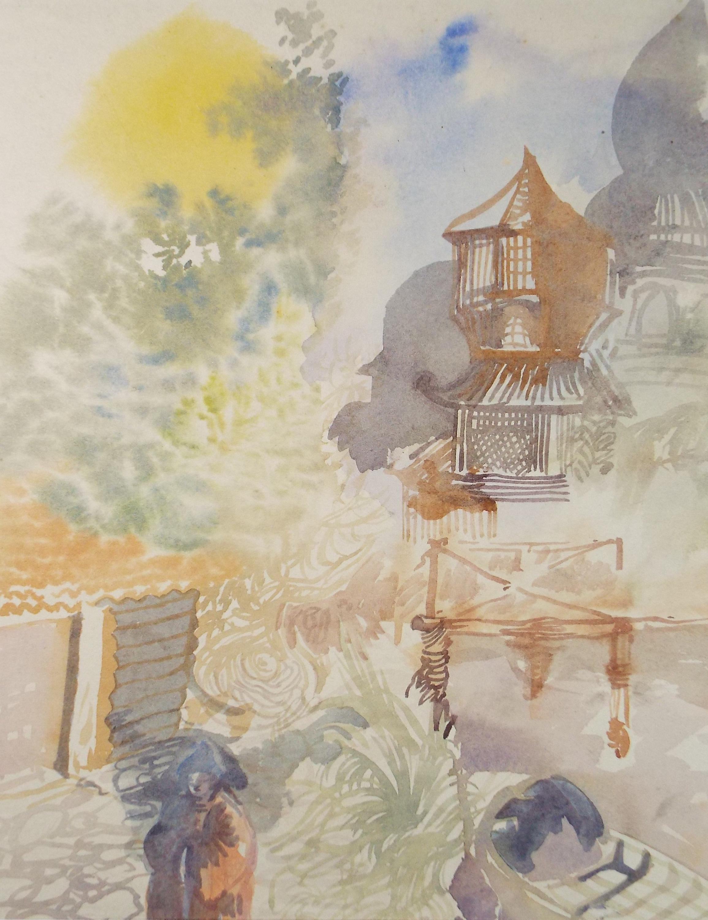 Vintage Japanese Garden Watercolour Painting - William D Clyne, c1950s