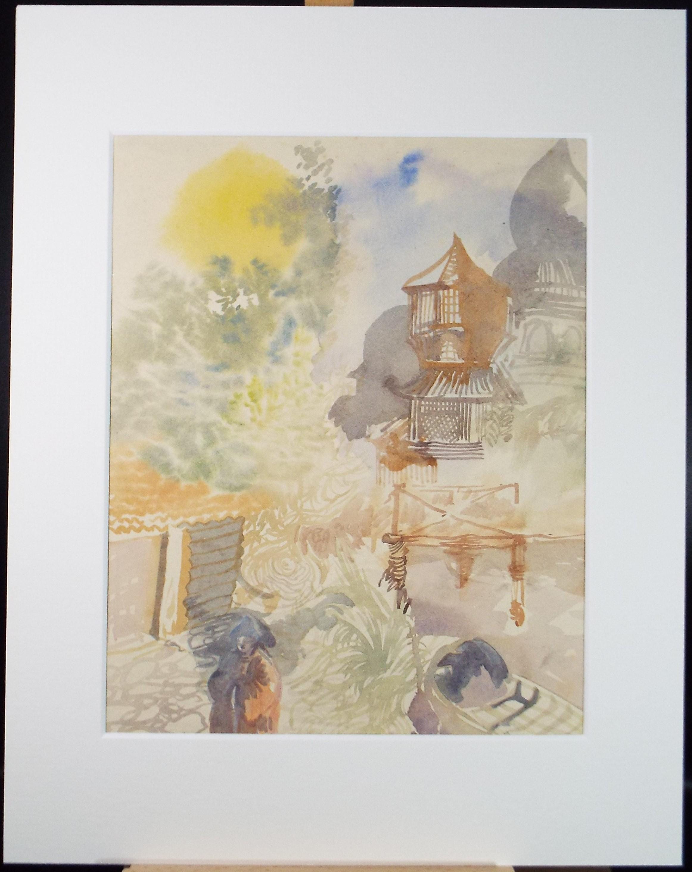 Vintage Japanese Garden Watercolour Painting - William D Clyne, c1950s