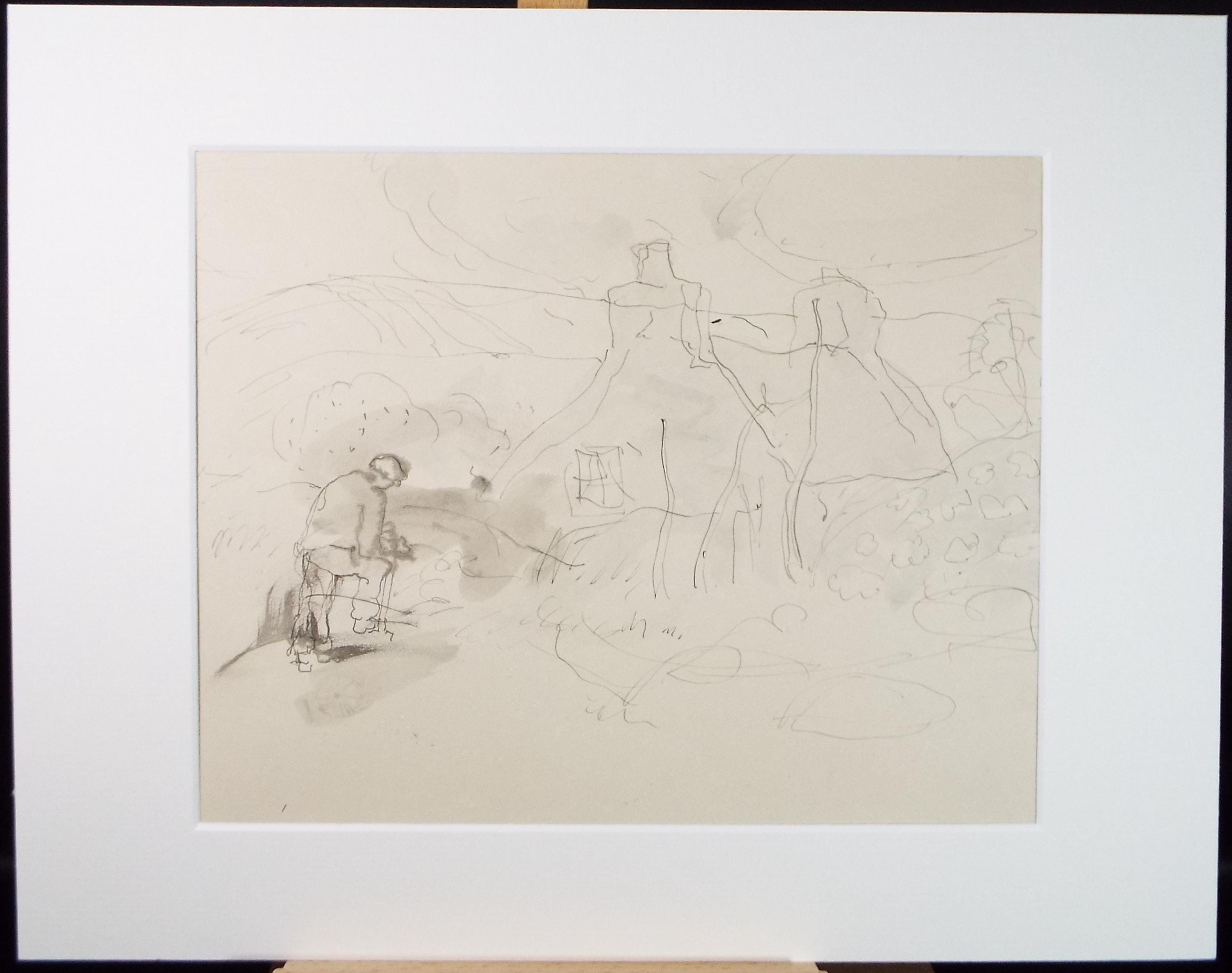Original Ink & Wash Painting: 'Cottage with Figure' c1950s - William D Clyne
