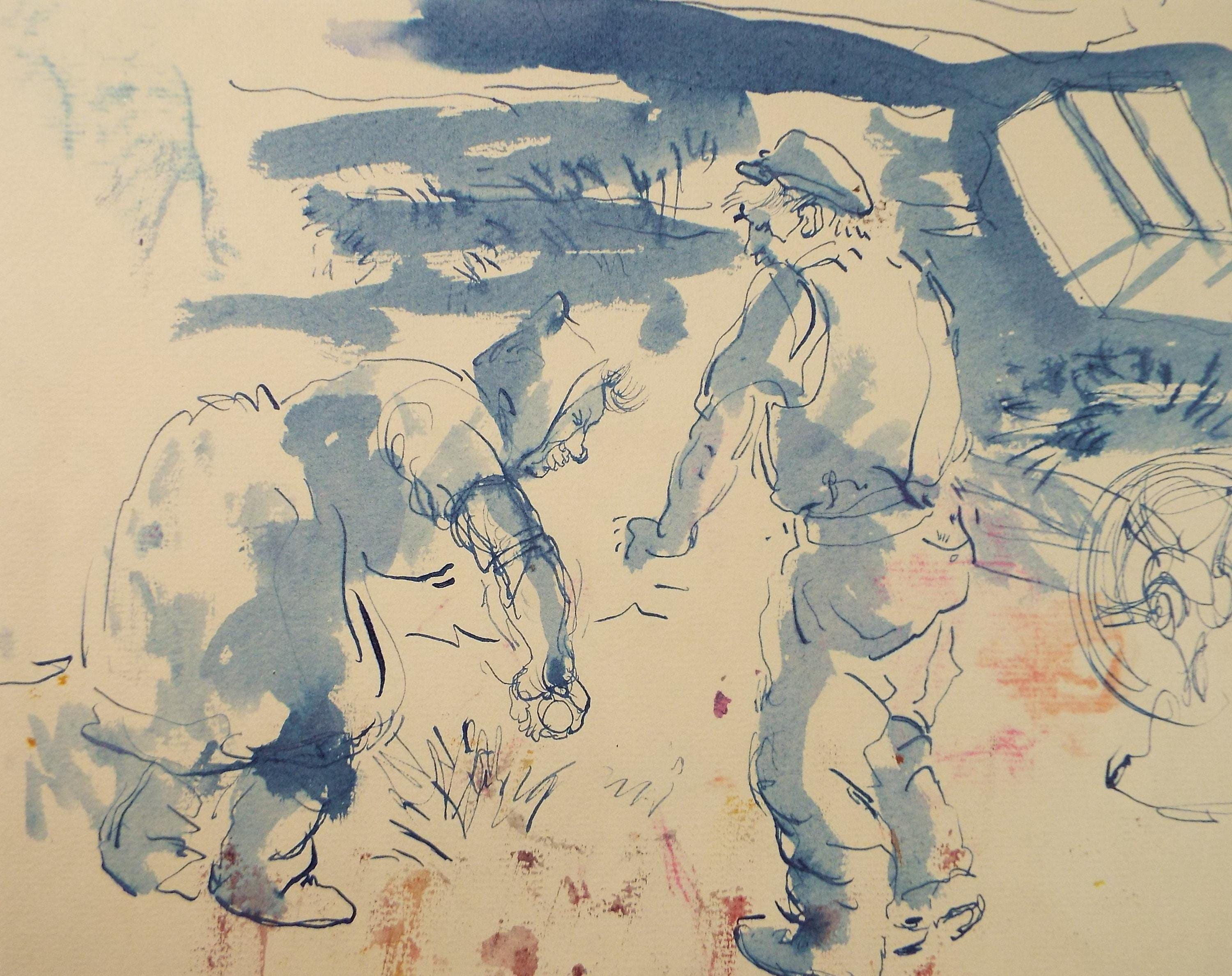 Vintage Farming Figures Watercolour Painting - William D Clyne (c1950s)