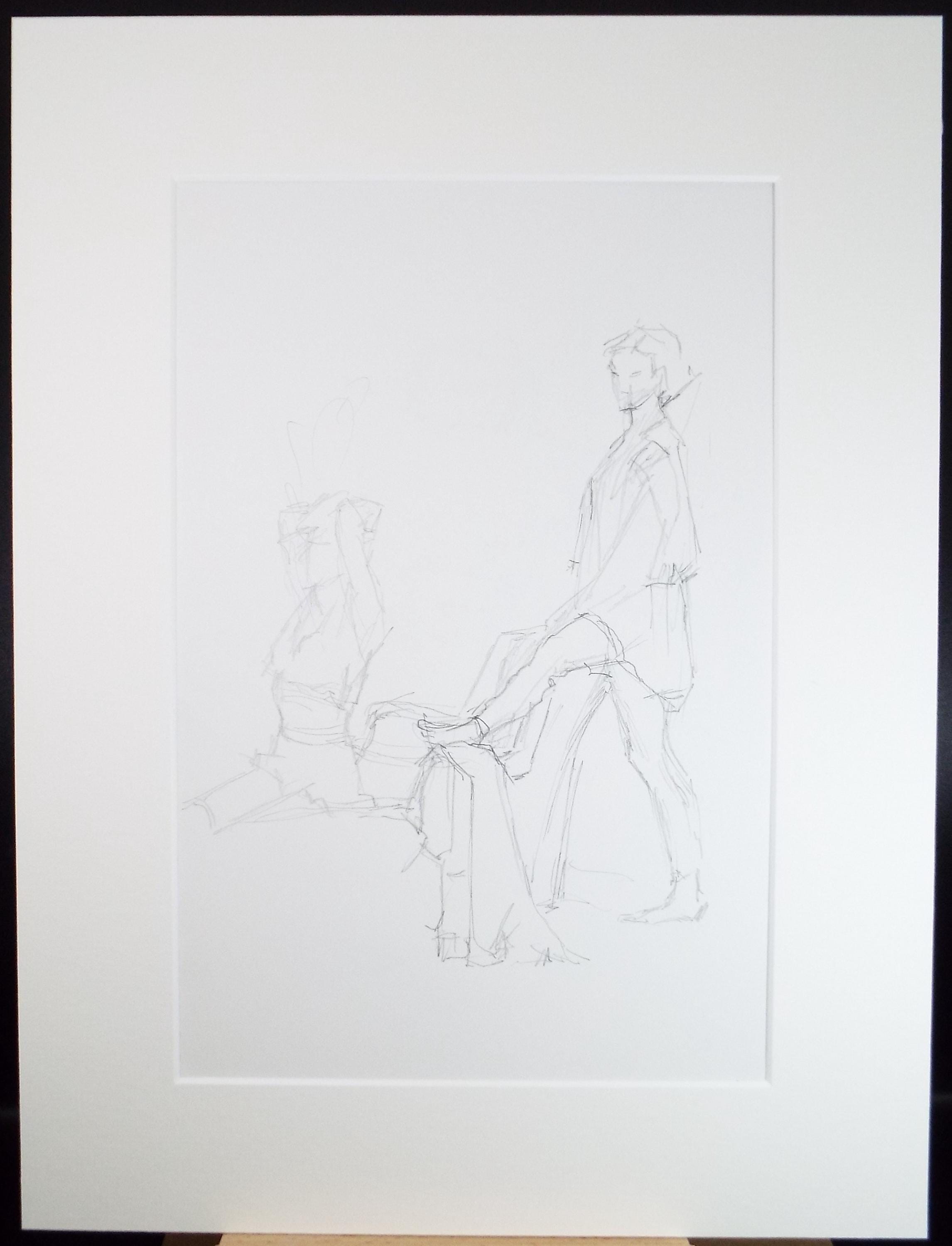 Original Pencil Drawing, 'Two Figures', Pauline Plummer (b1933), Circa 1990's