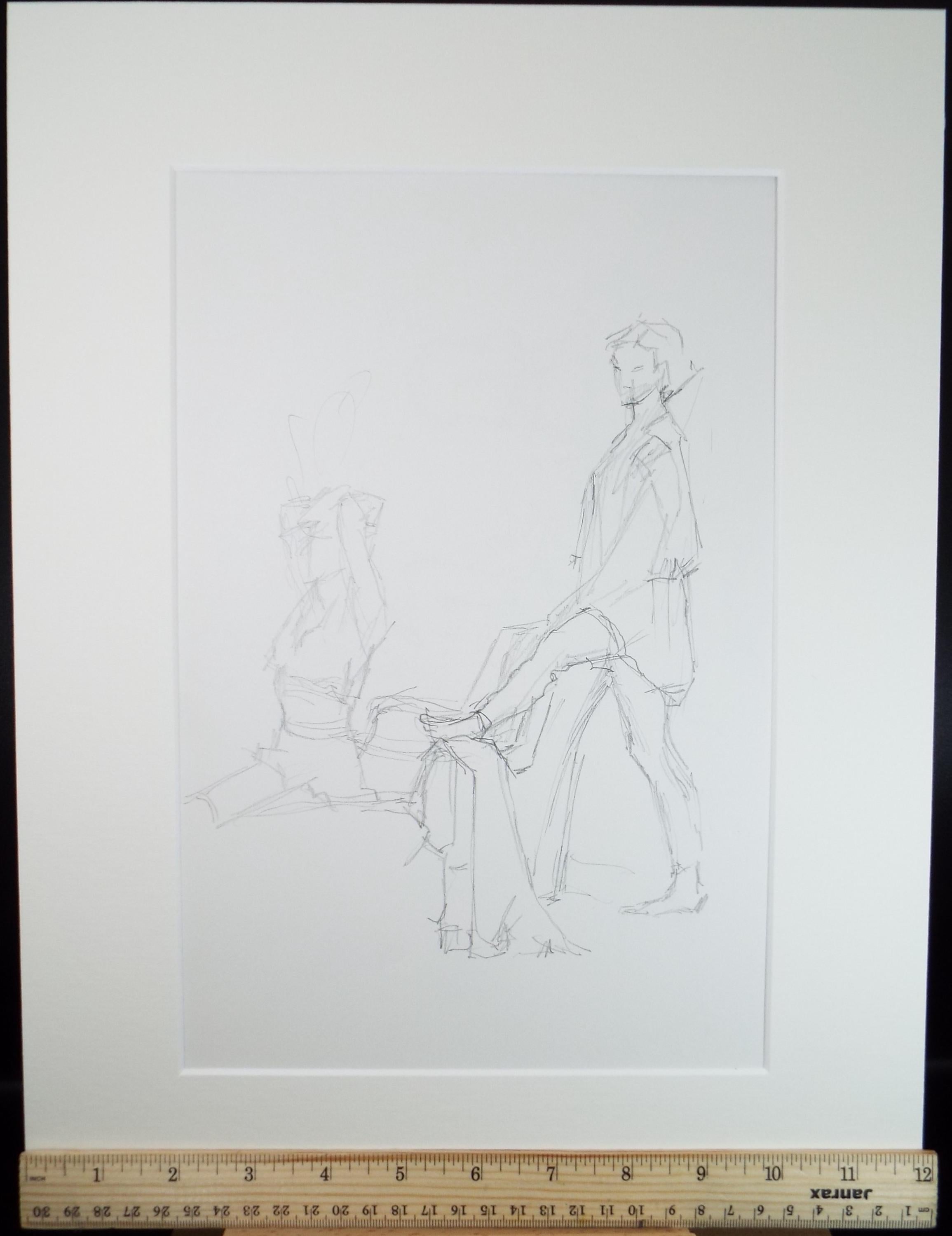 Original Pencil Drawing, 'Two Figures', Pauline Plummer (b1933), Circa 1990's