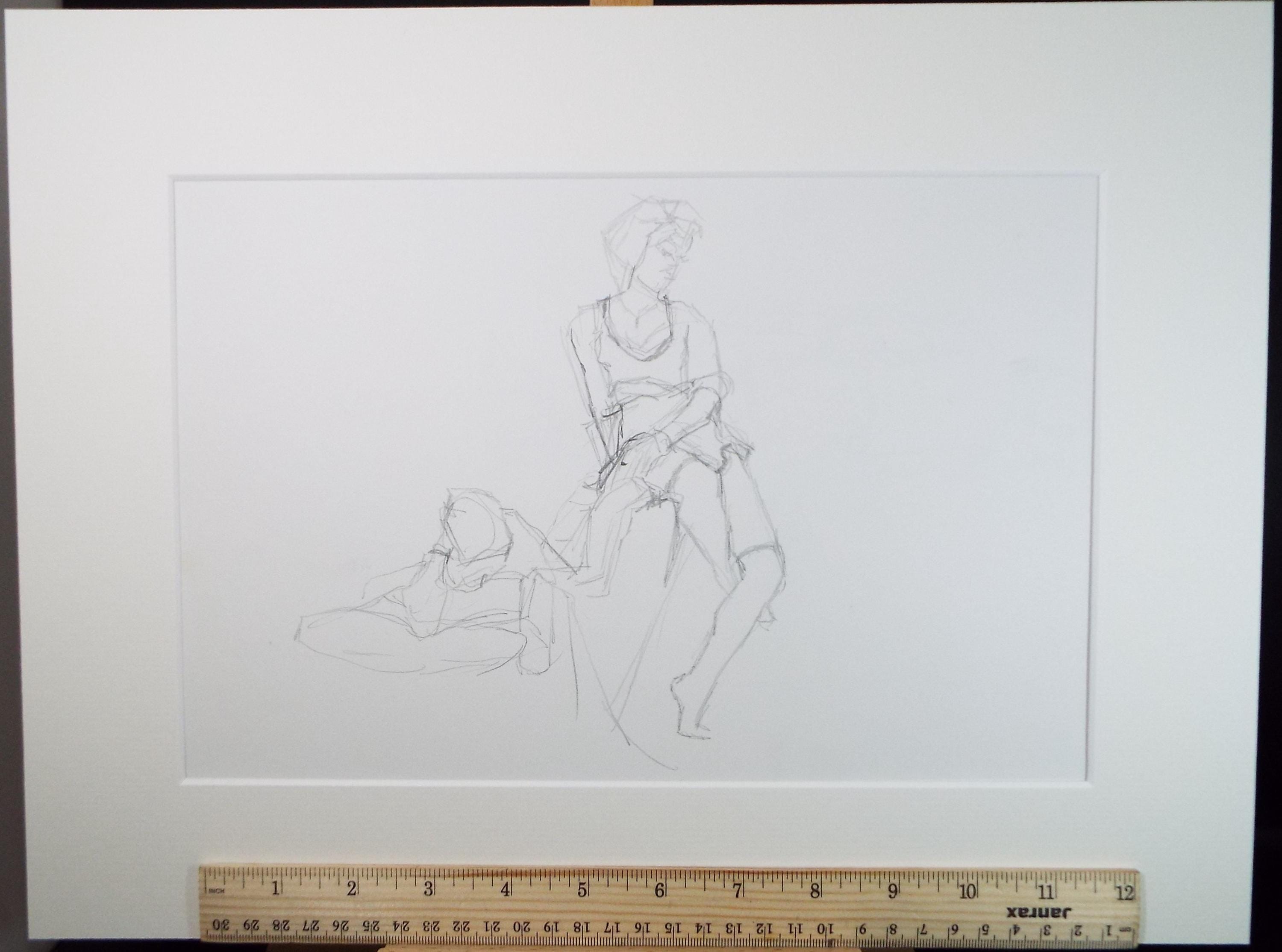 Original Pencil Drawing, 'Two Figures', Pauline Plummer (b1933), Circa 1990's