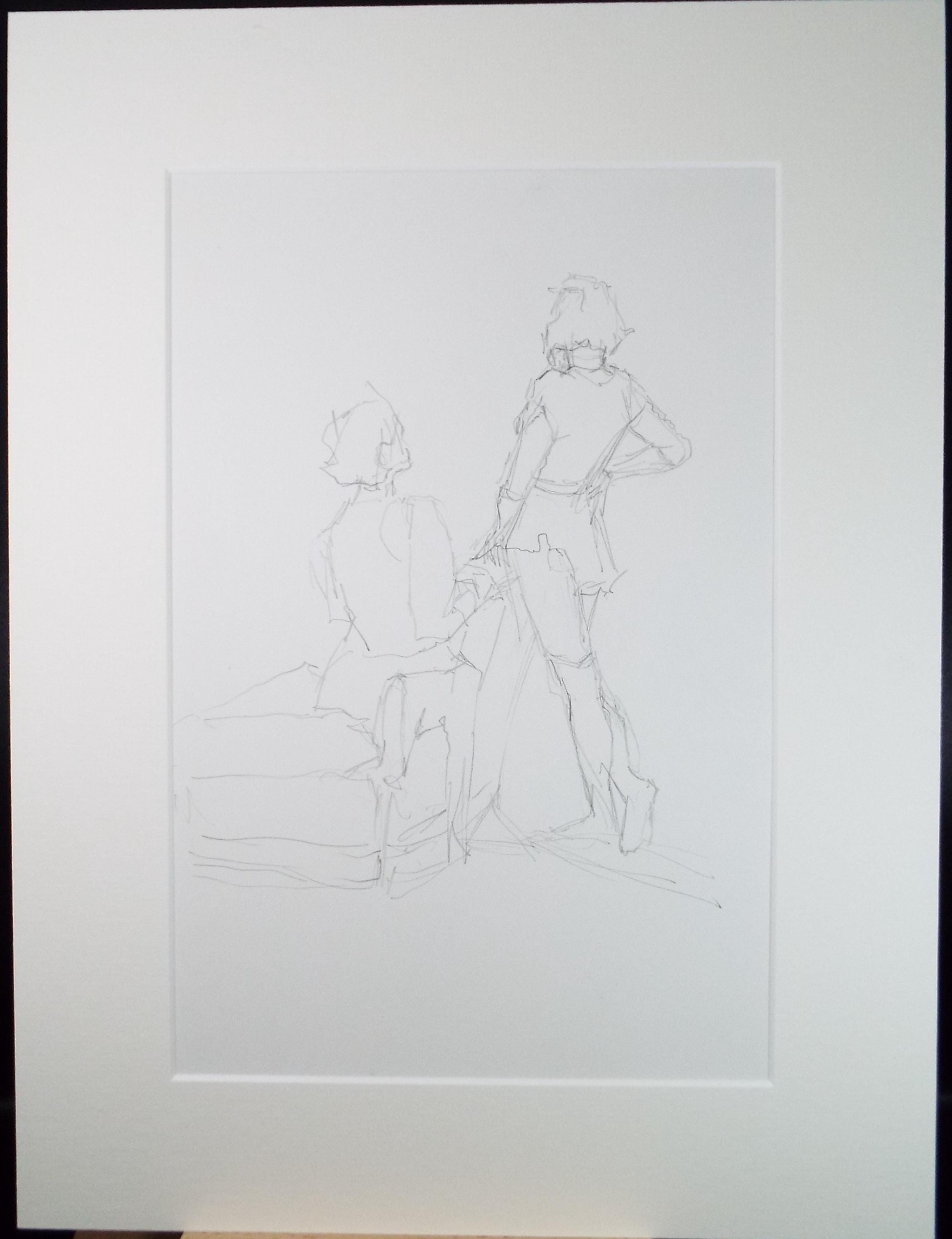 Original Pencil Drawing, 'Two Figures', Pauline Plummer (b1933), Circa 1990's