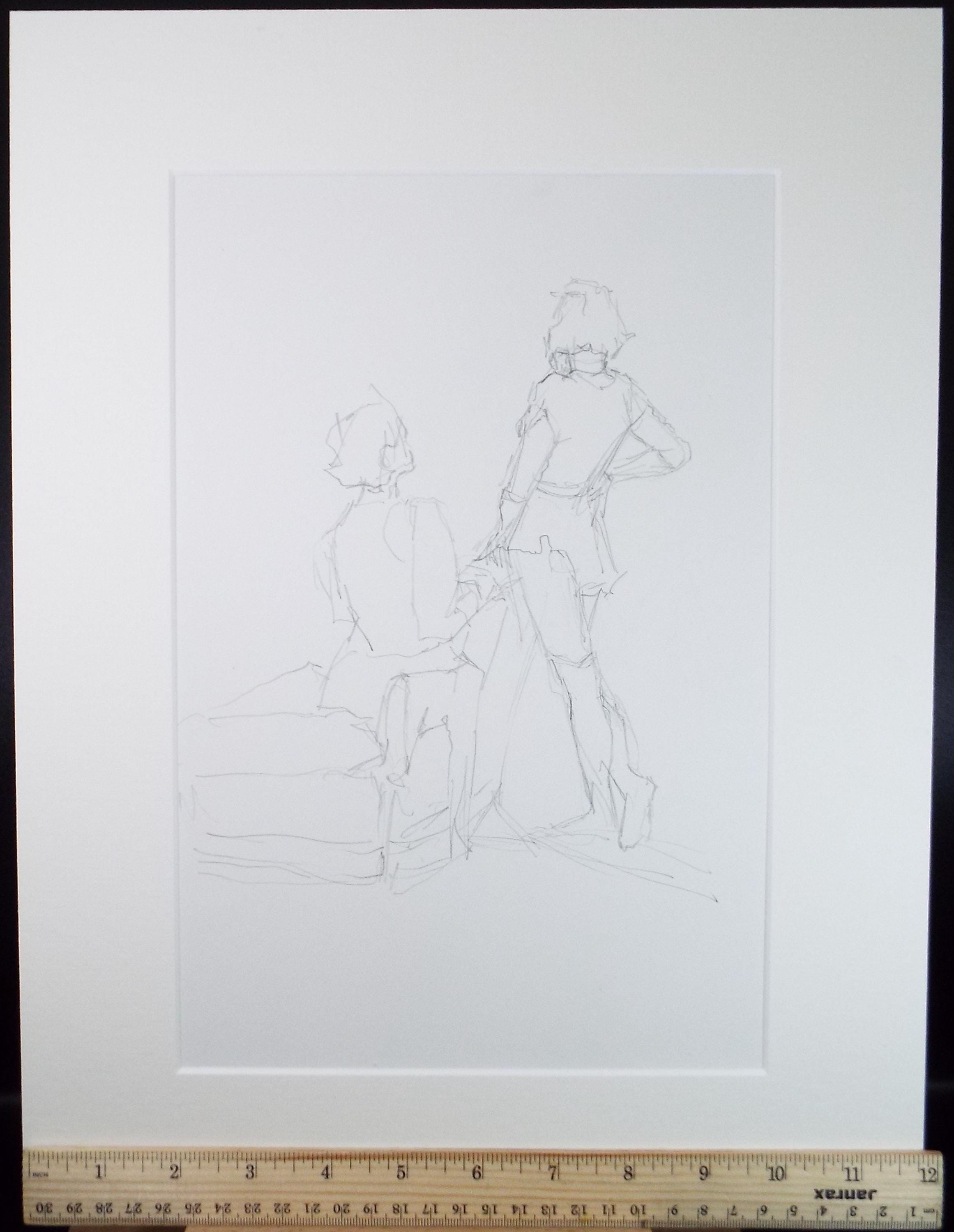 Original Pencil Drawing, 'Two Figures', Pauline Plummer (b1933), Circa 1990's