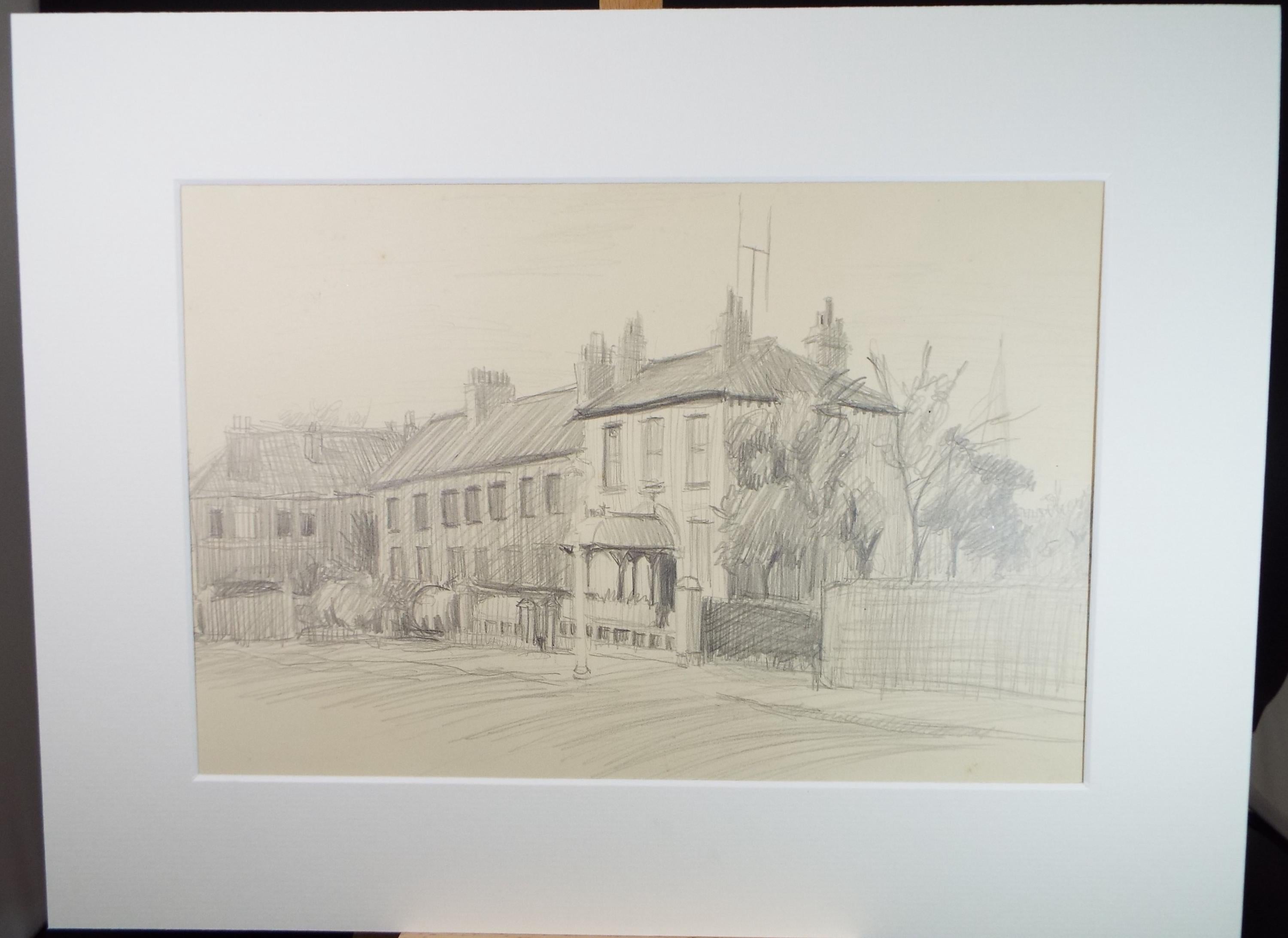 Original Pencil drawing 'Street Scene', Pauline Plummer (b1933), Circa 1950's