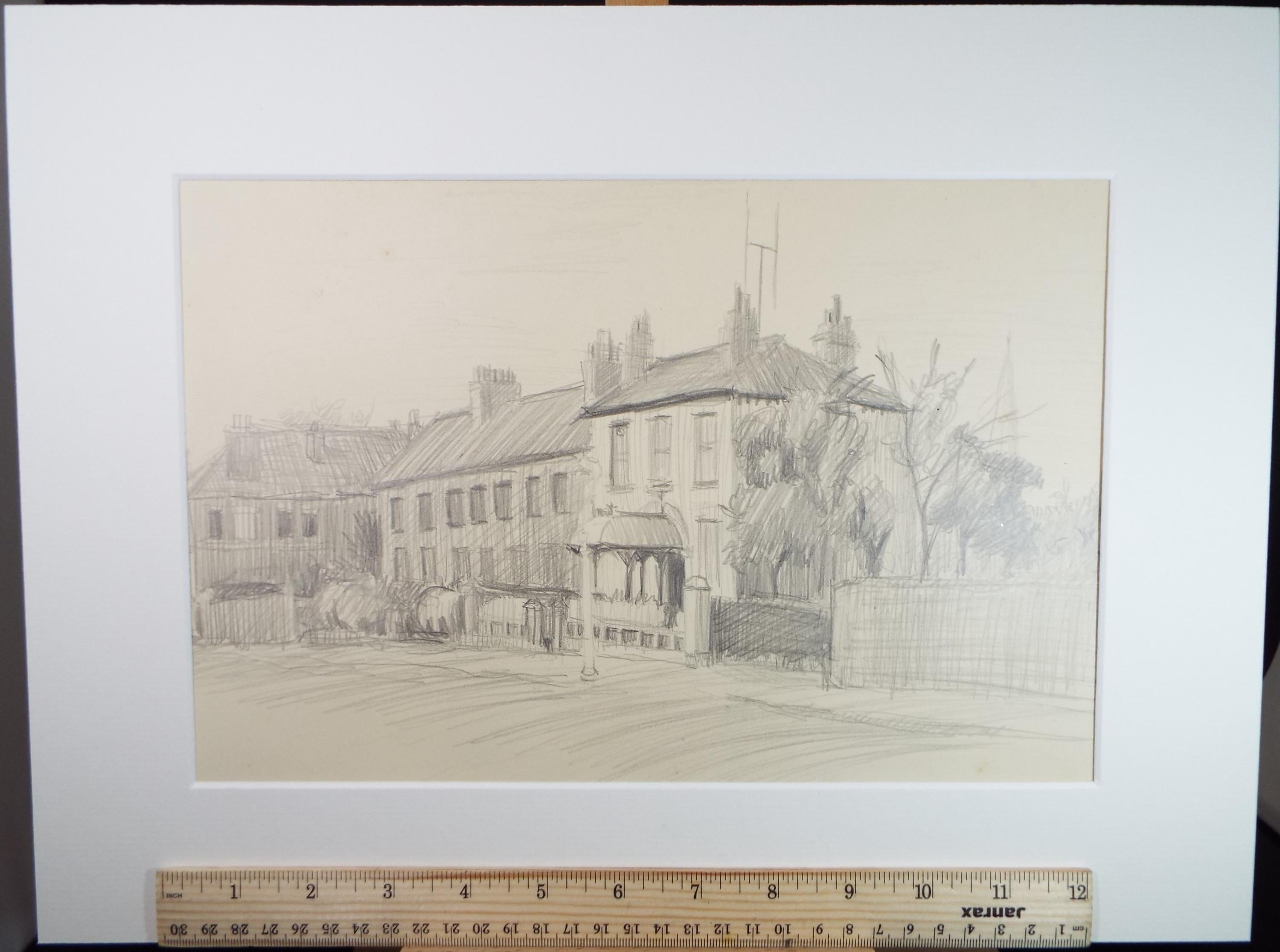 Original Pencil drawing 'Street Scene', Pauline Plummer (b1933), Circa 1950's