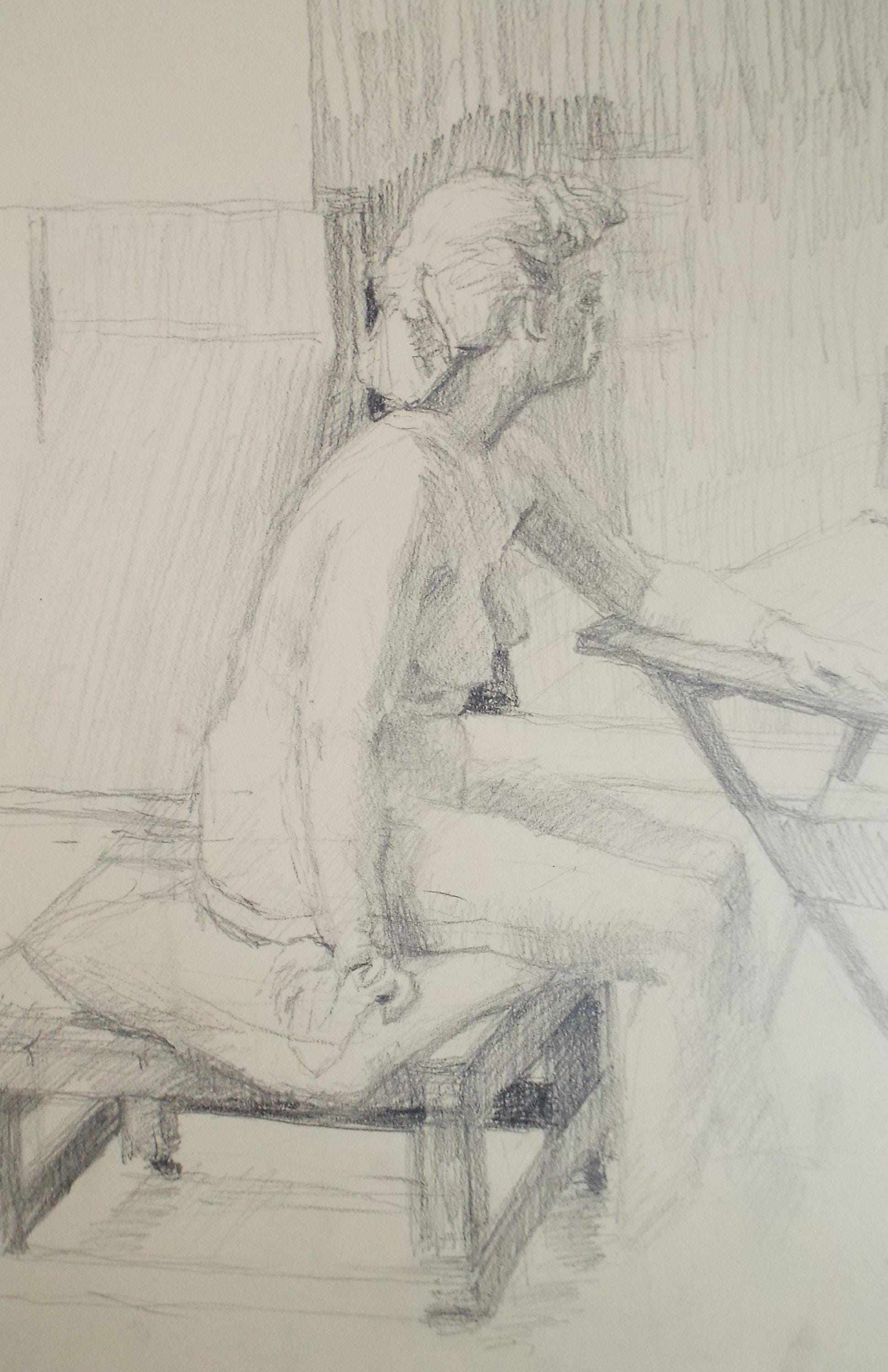 Original Pencil Drawing, 'Seated Female Nude', Pauline Plummer (b1933), Circa 1950's