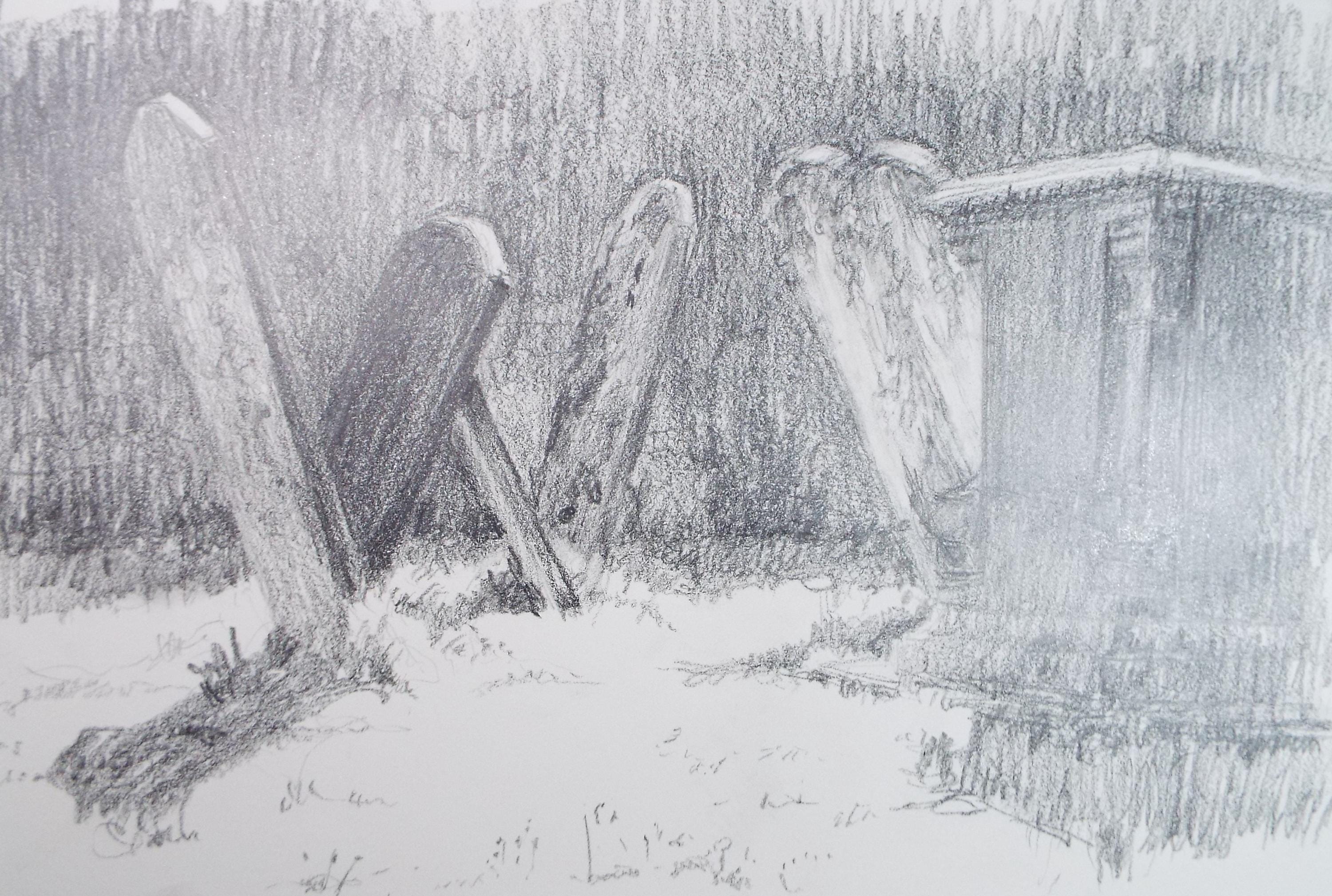 Original pencil drawing, 'Grave Stones',c1990, Pauline Plummer (b1933)