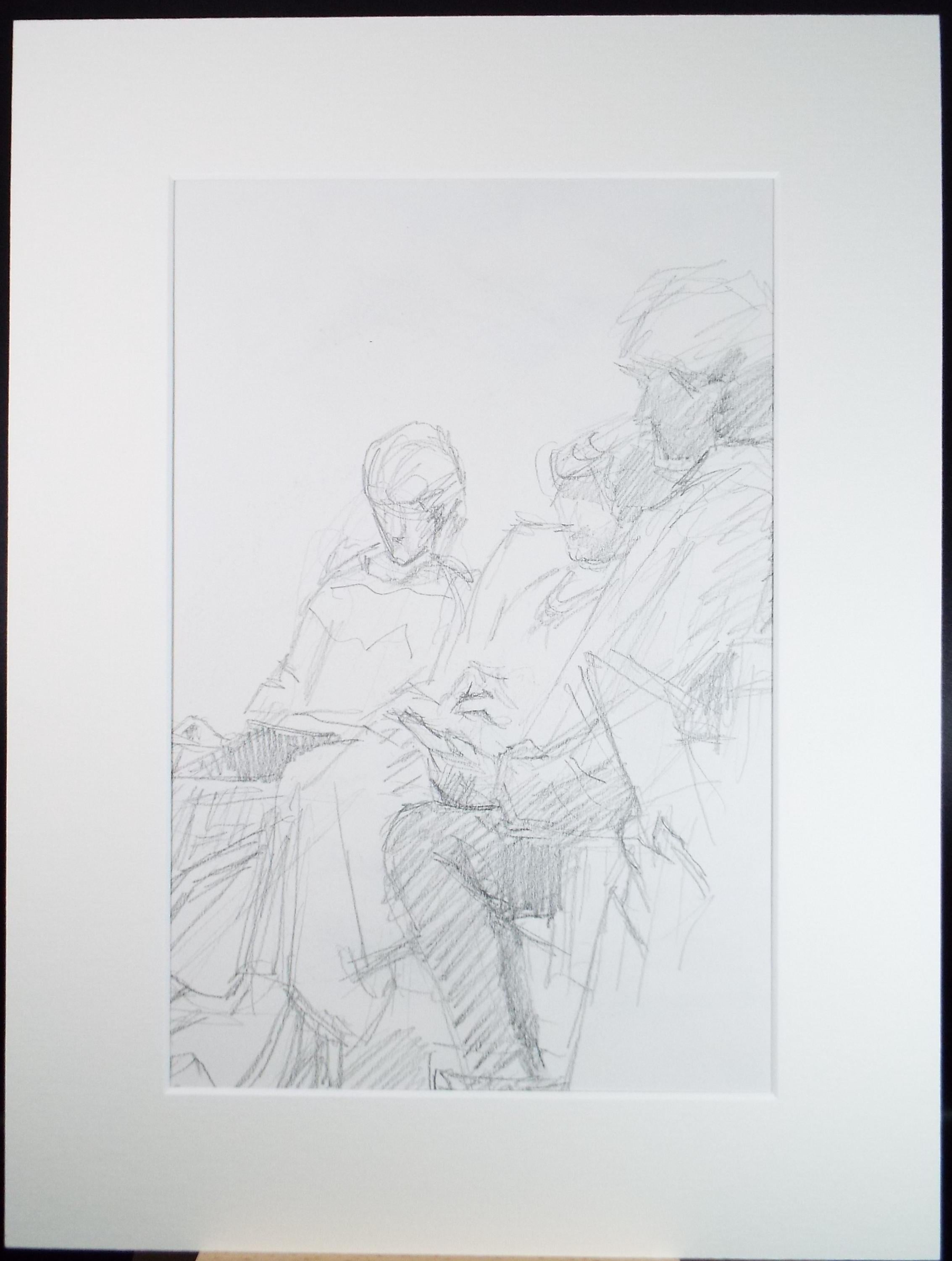 Original Pencil Drawing, 'Seated Figures', Pauline Plummer (b1933), Circa 1990's