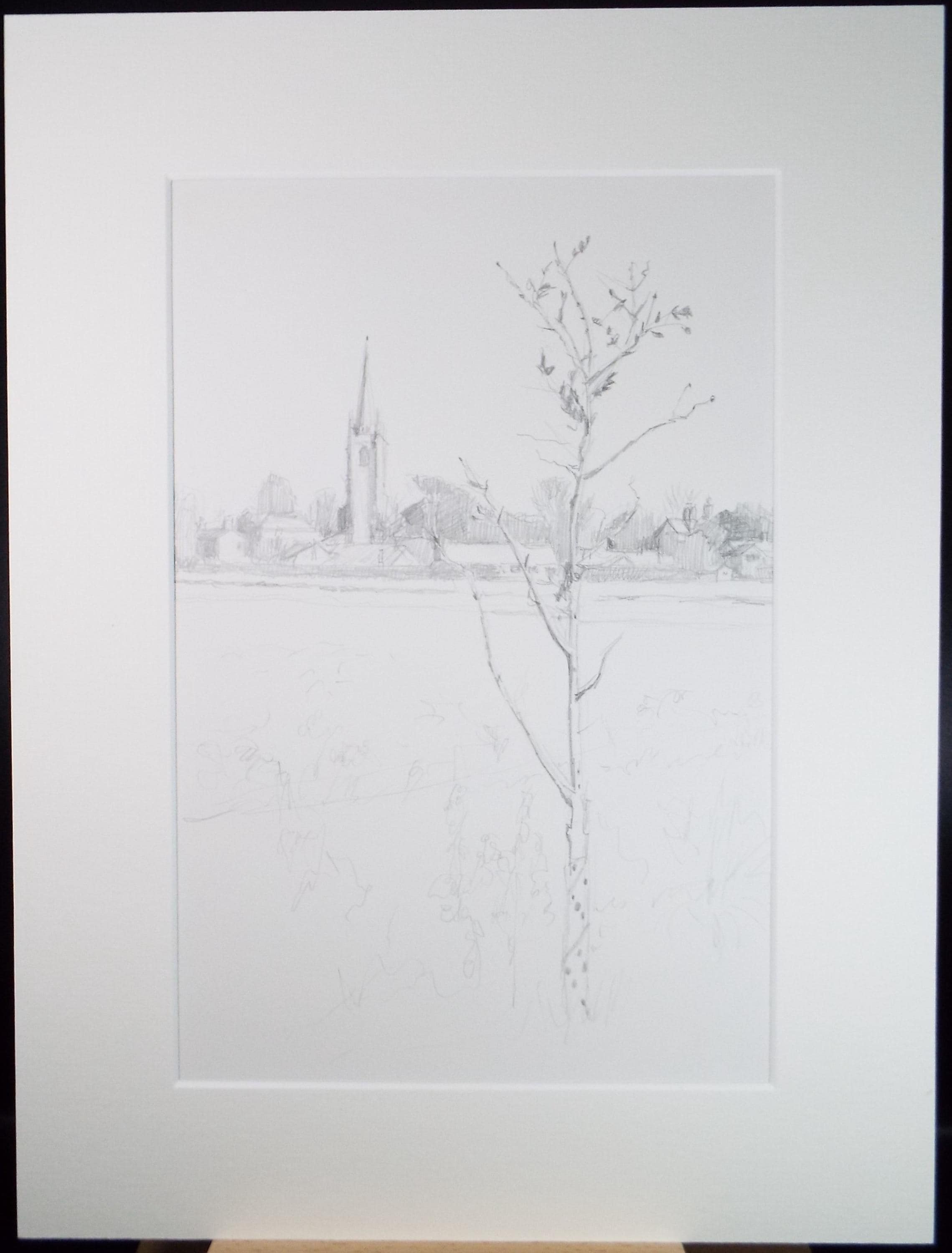 Pencil drawing 'Church in a Landscape', Pauline Plummer (b1933), Circa 1990's