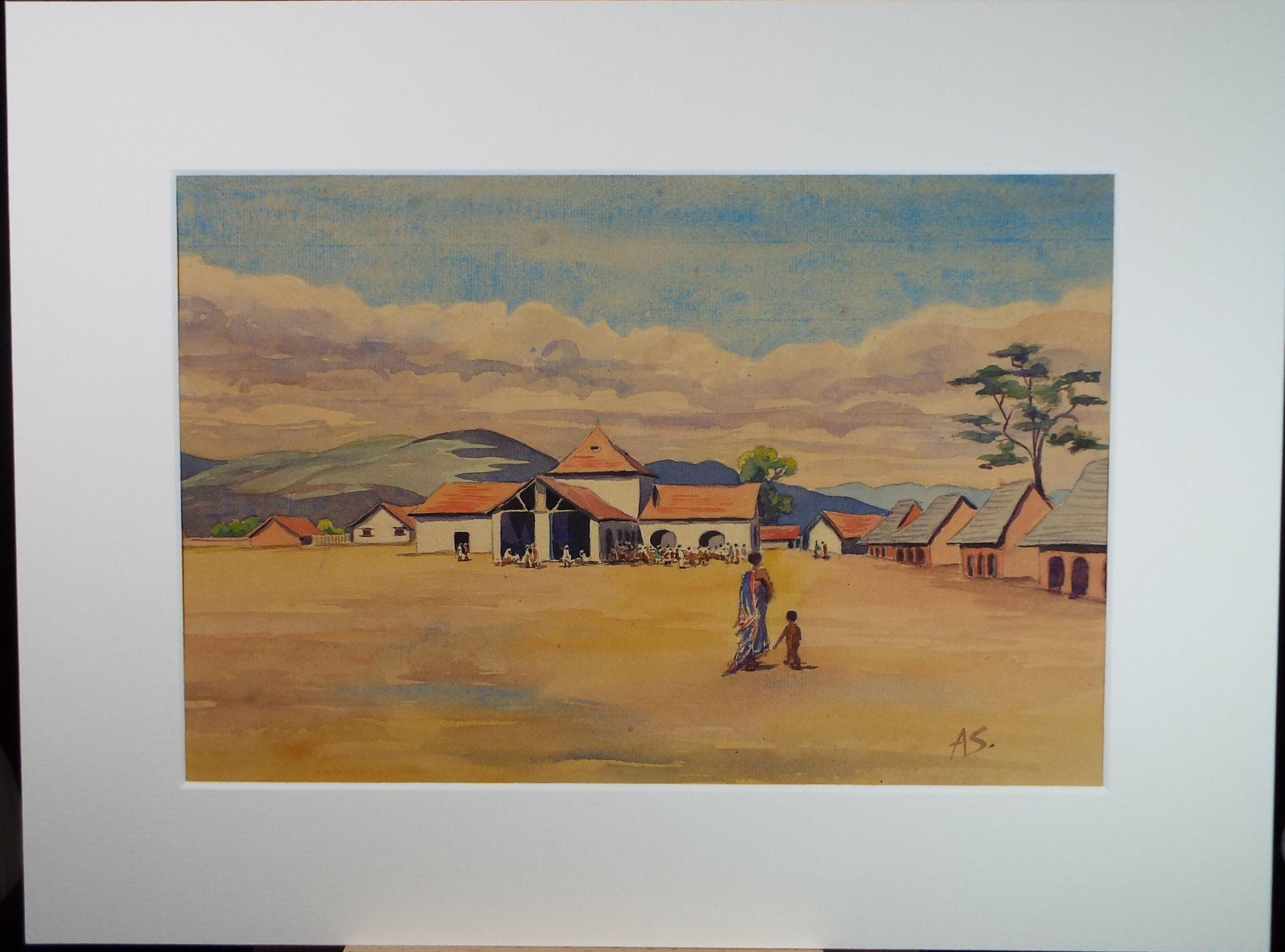 Original Watercolour, 'African village with figures', circa 1920's, Initialled A.S.