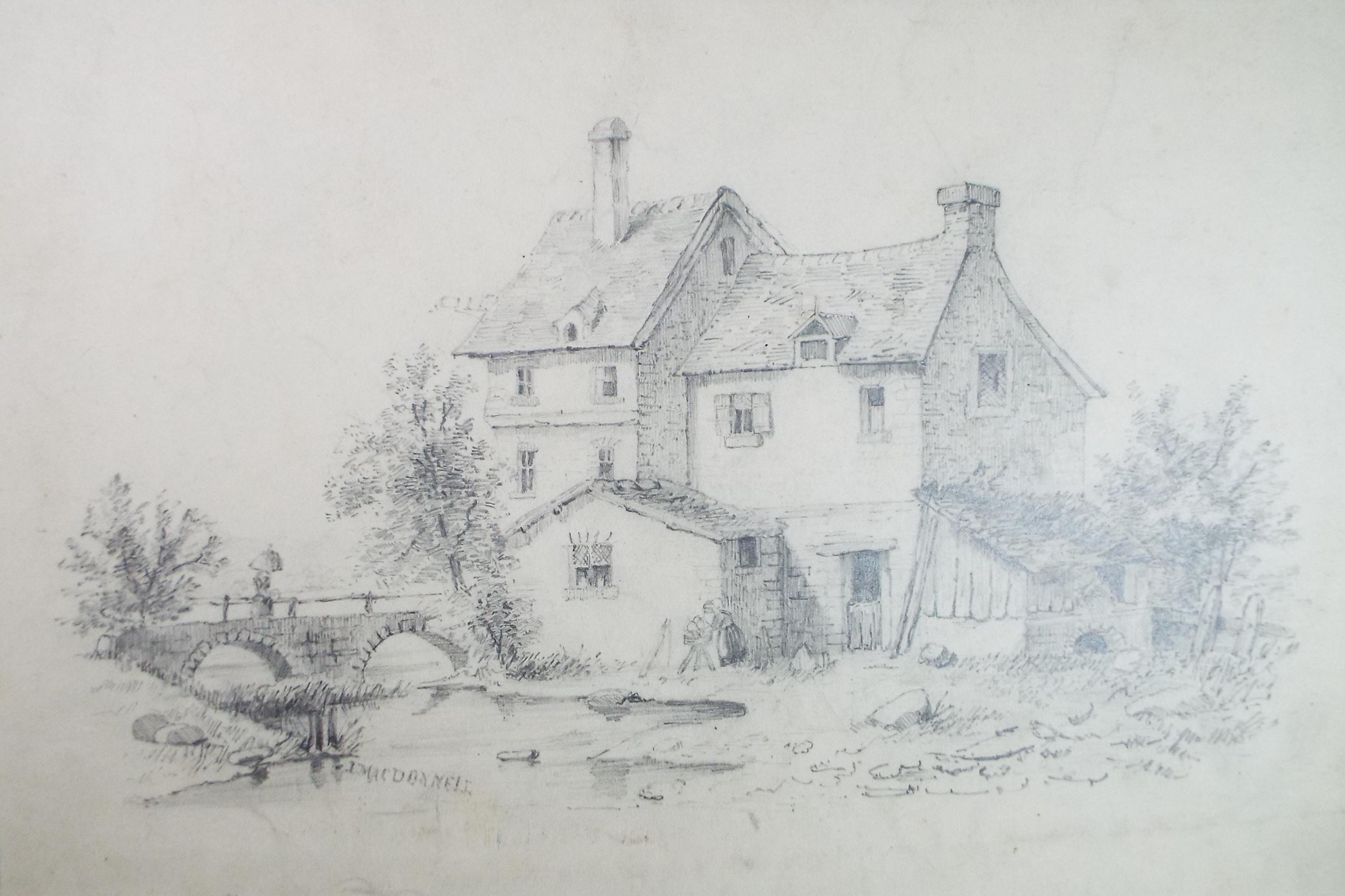Original Pencil Sketch, 'Cottage by the river', Unknown artist, Mid 19th Century