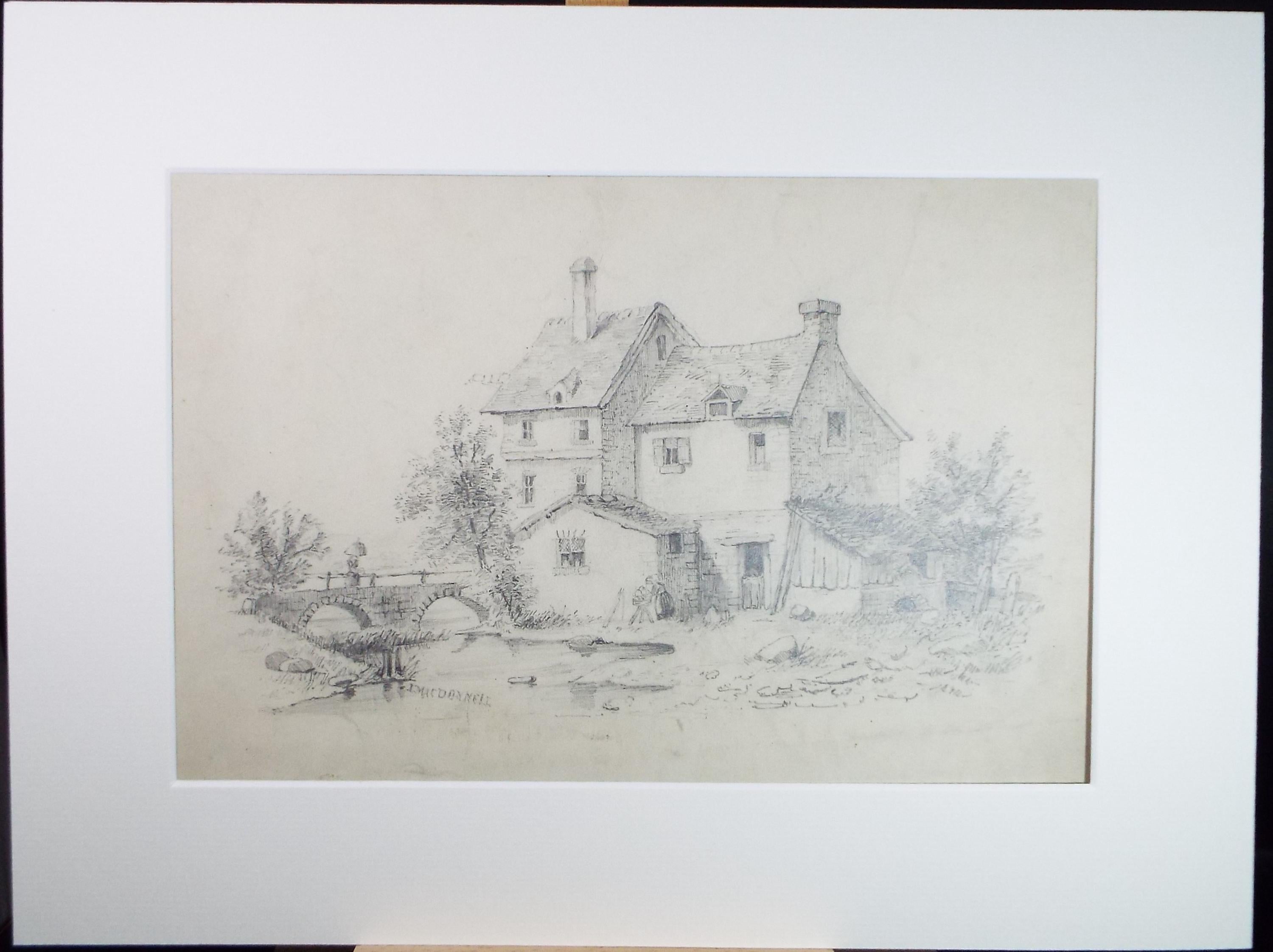 Original Pencil Sketch, 'Cottage by the river', Unknown artist, Mid 19th Century