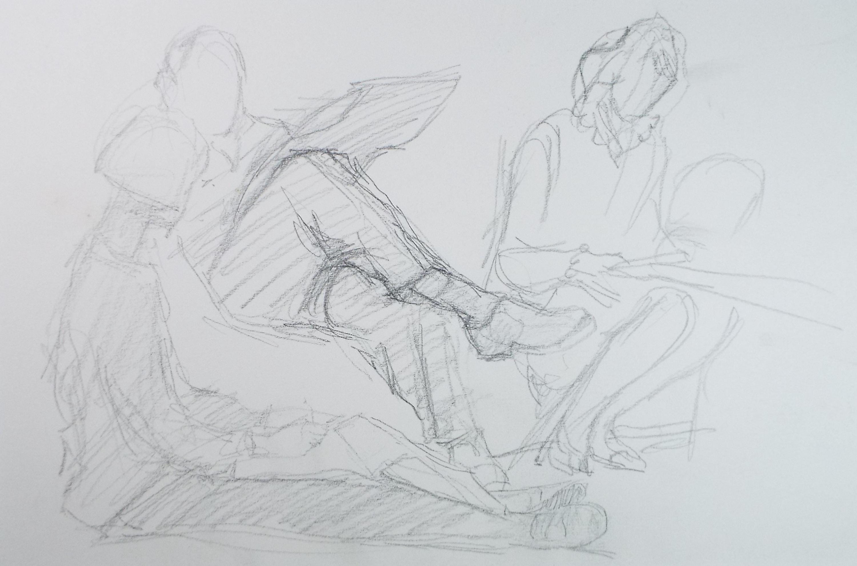 Original Pencil Drawing, 'Seated Figures', Pauline Plummer (b1933), Circa 1990's